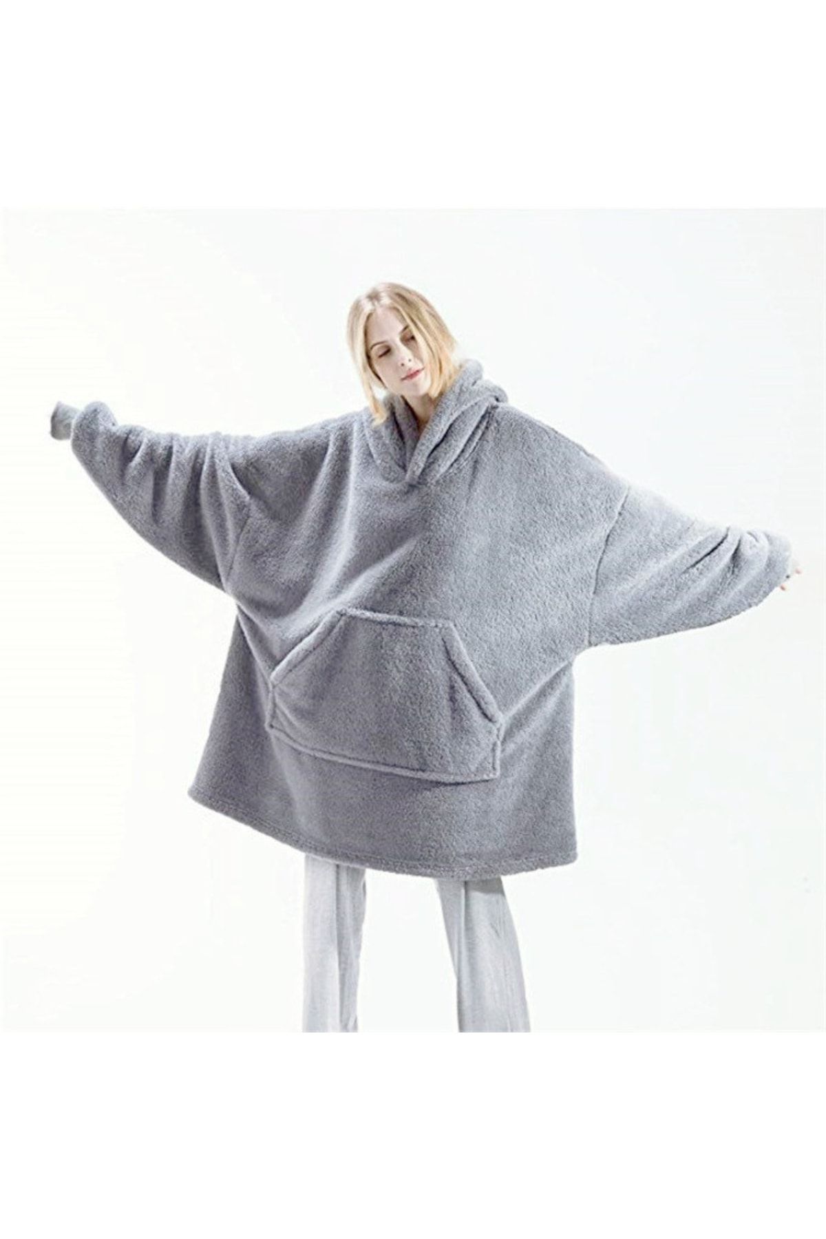 Wellsoft Kapşonlu Giyilebilir Tv Battaniyesi Unisex Over Size - Gri