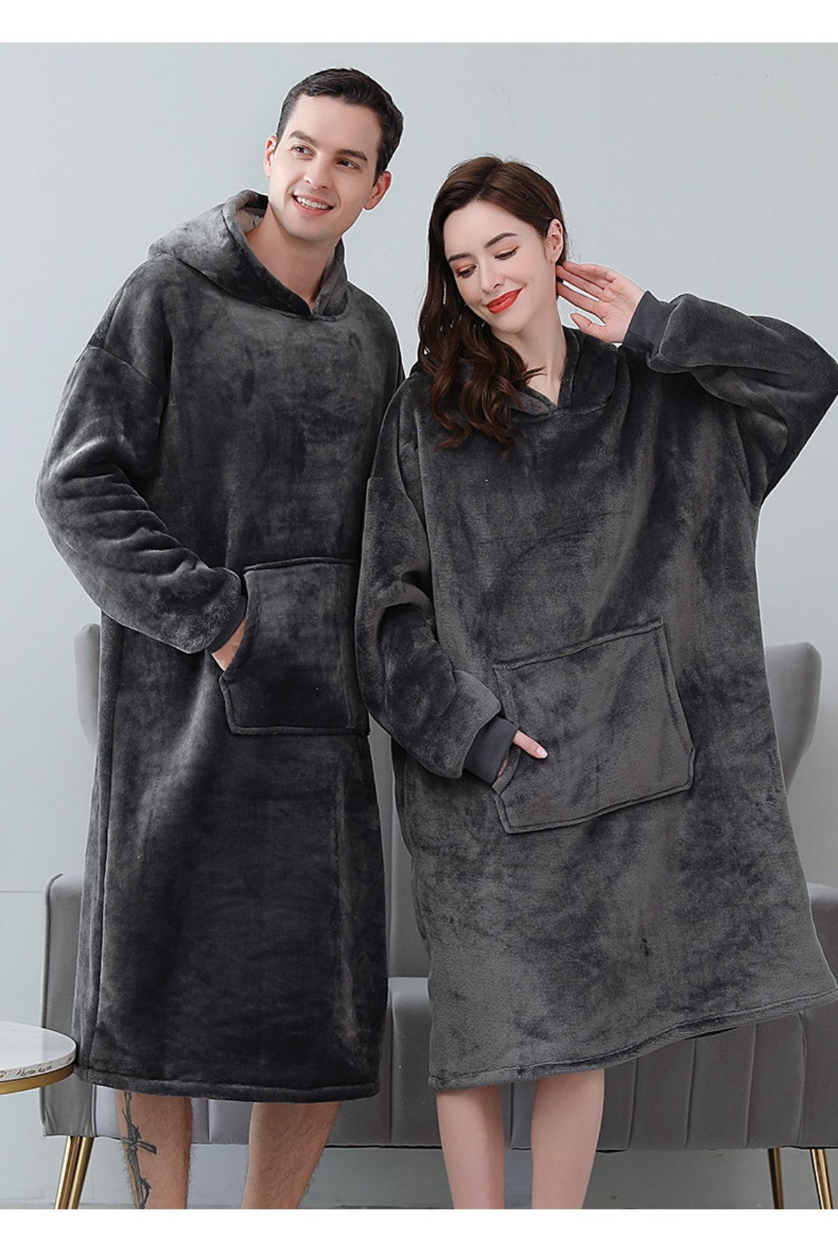Wellsoft Kapşonlu Giyilebilir Tv Battaniyesi Unisex Over Size - Antrasit