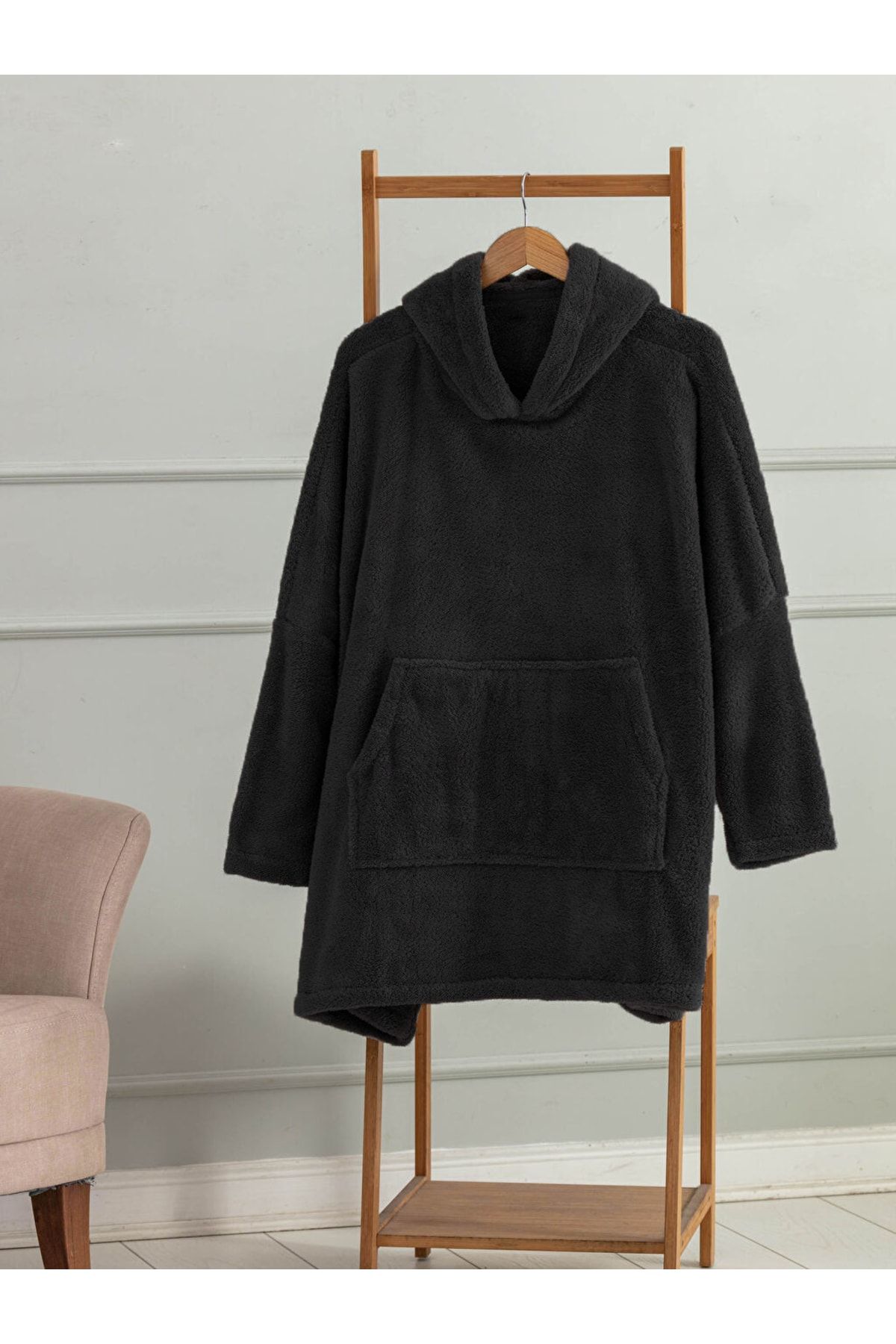 Wellsoft Kapşonlu Giyilebilir Tv Battaniyesi Unisex Over Size - Siyah