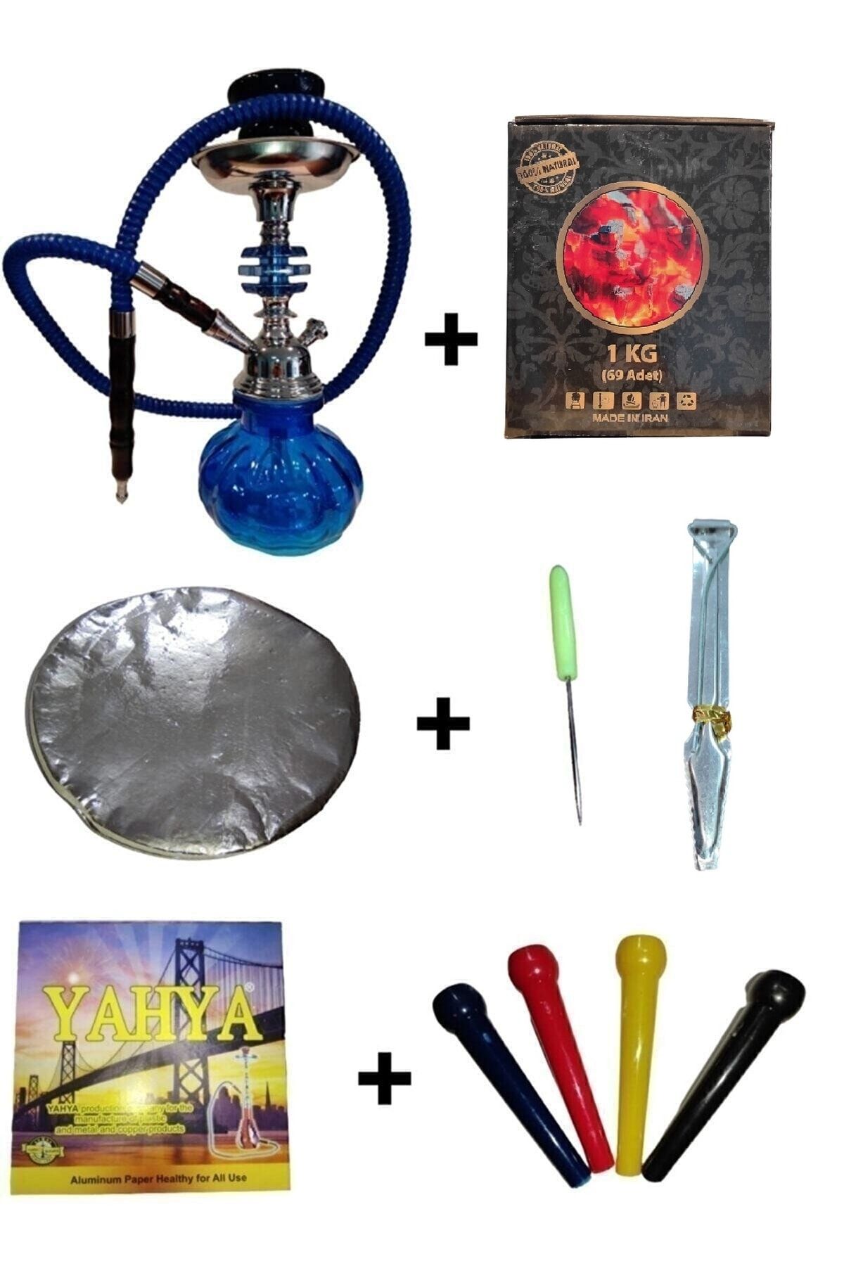 Mavi Mini Nargile Takımı 1 Kg Küp Kömür Folyo 10 Sipsi