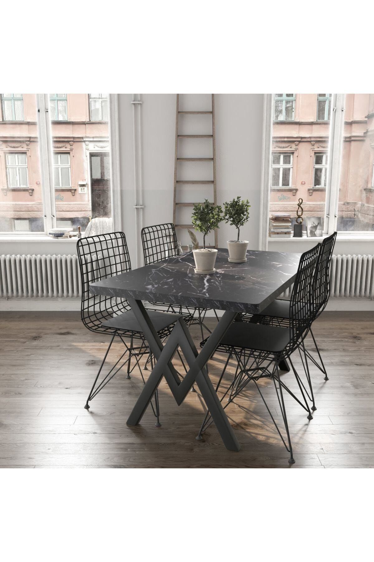 80x120 Serap Tel Kafes 4 Kişilik Siyah Mermer Görünümlü Mutfak Masası Yemek Masası Cafe Masası