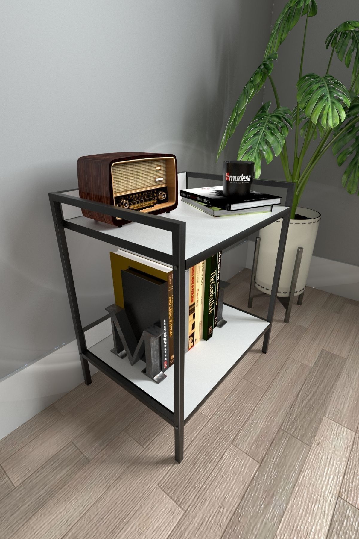 Modern Komodin Metal Ahşap Iki Raflı Komidin Metal Ayaklı Raf Kitaplık Sehpa