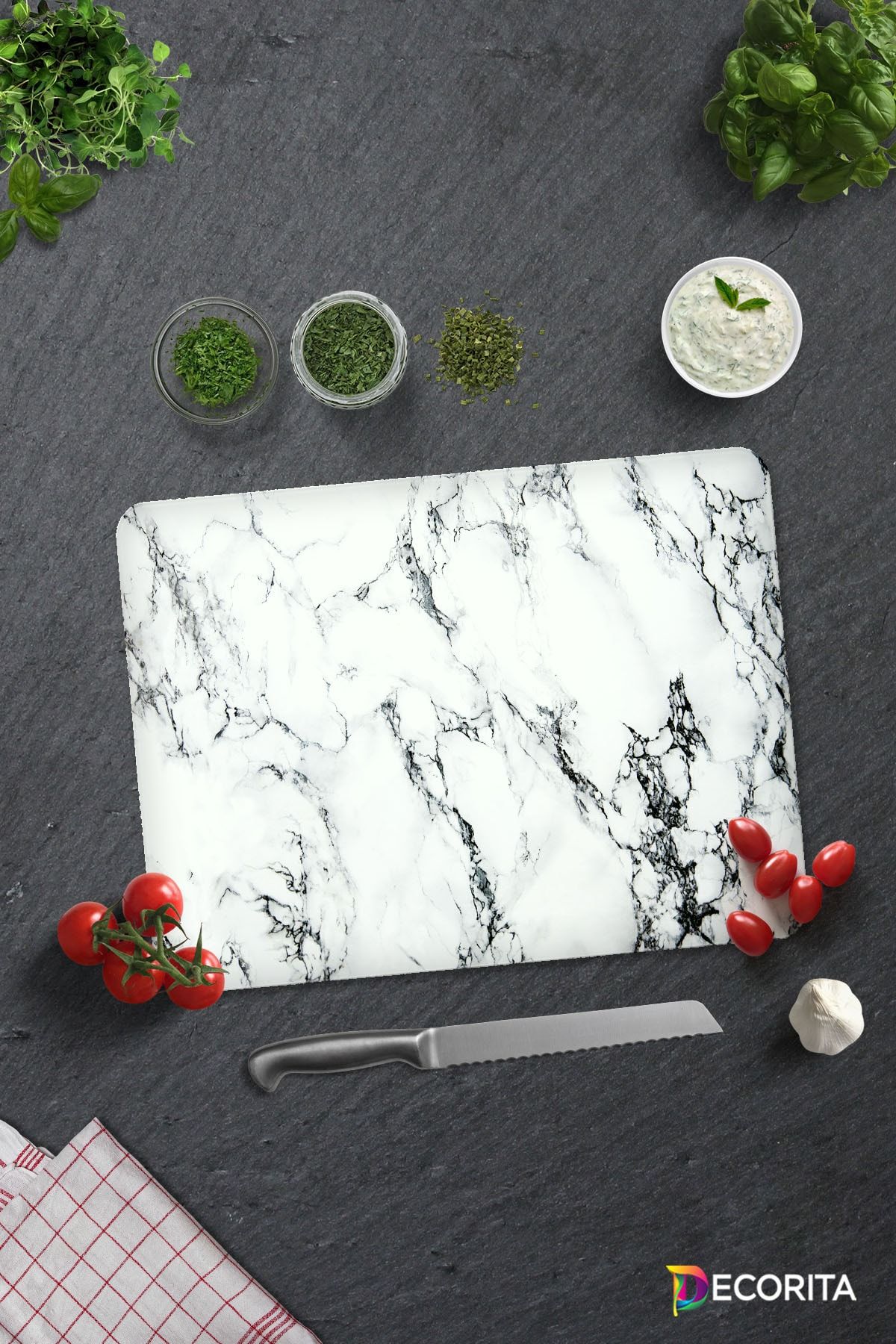 Cam Kesme Tahtası Cam Kesim Tablası Beyaz Mermer Görünümlü 30cm x 40cm