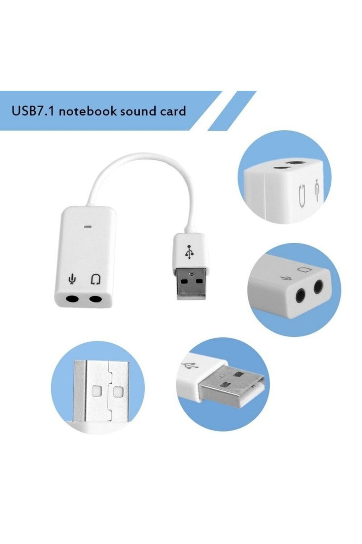 Usb Ses Kartı Çevirici 7+1 Dönüştürücü Laptop Harici Ses Kartı Kablolu Beyaz