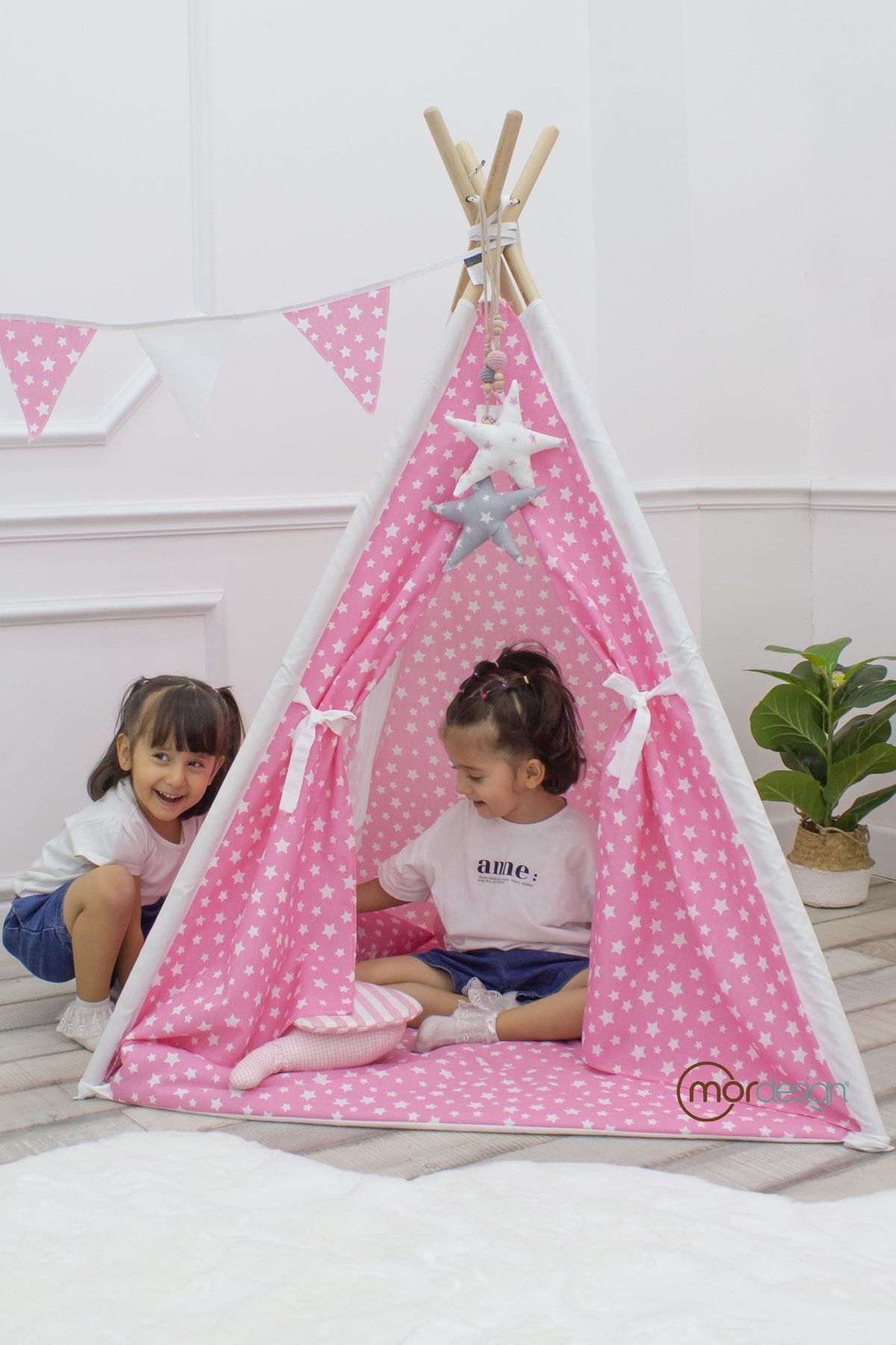 Stars Desen, Ahşap Direkli, Pencereli Doğal Ev-bahçe Çocuk Oyun Çadırı, Pembe