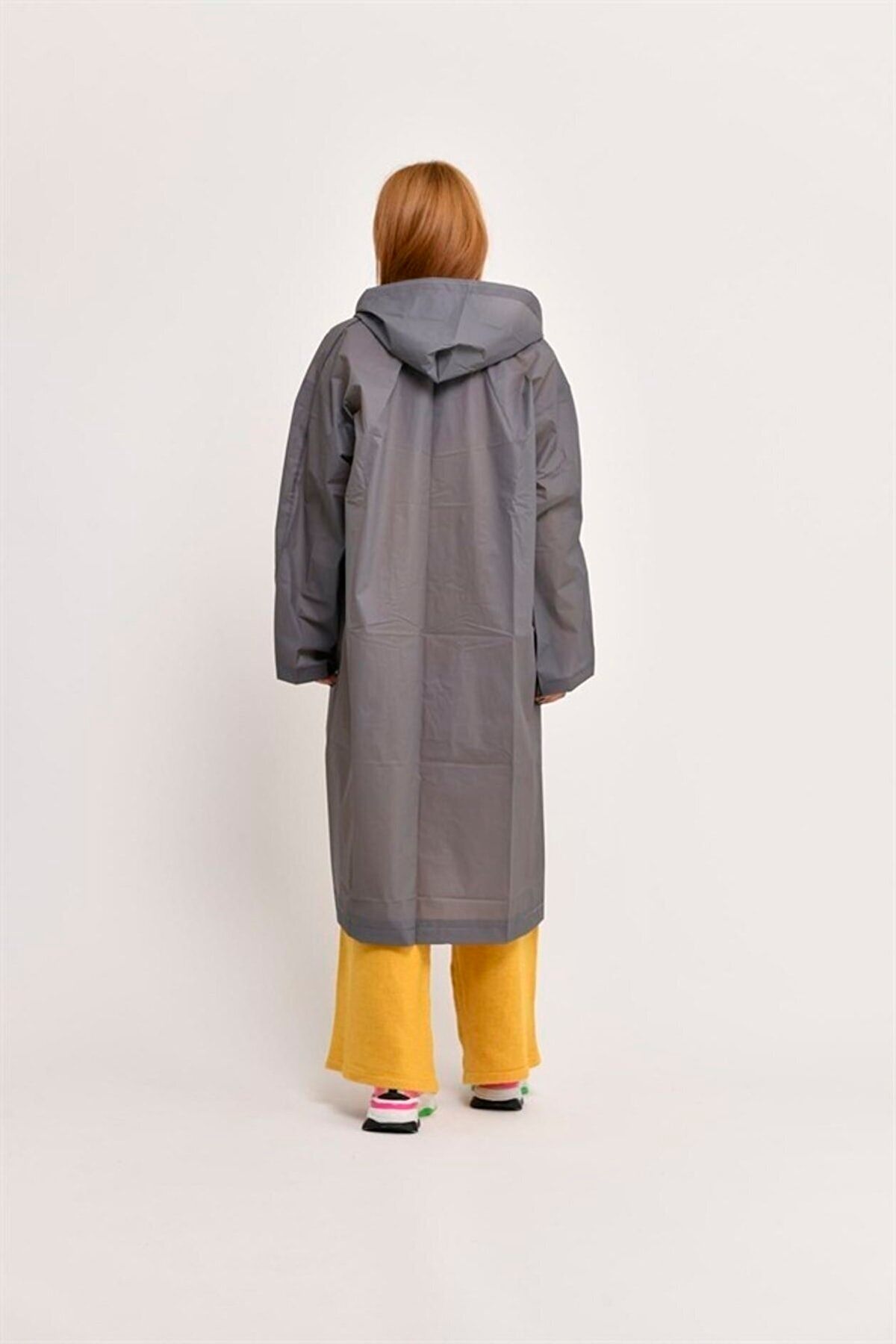 Unisex Kapüşonlu Su Geçirmez Gri Trend Yağmurluk