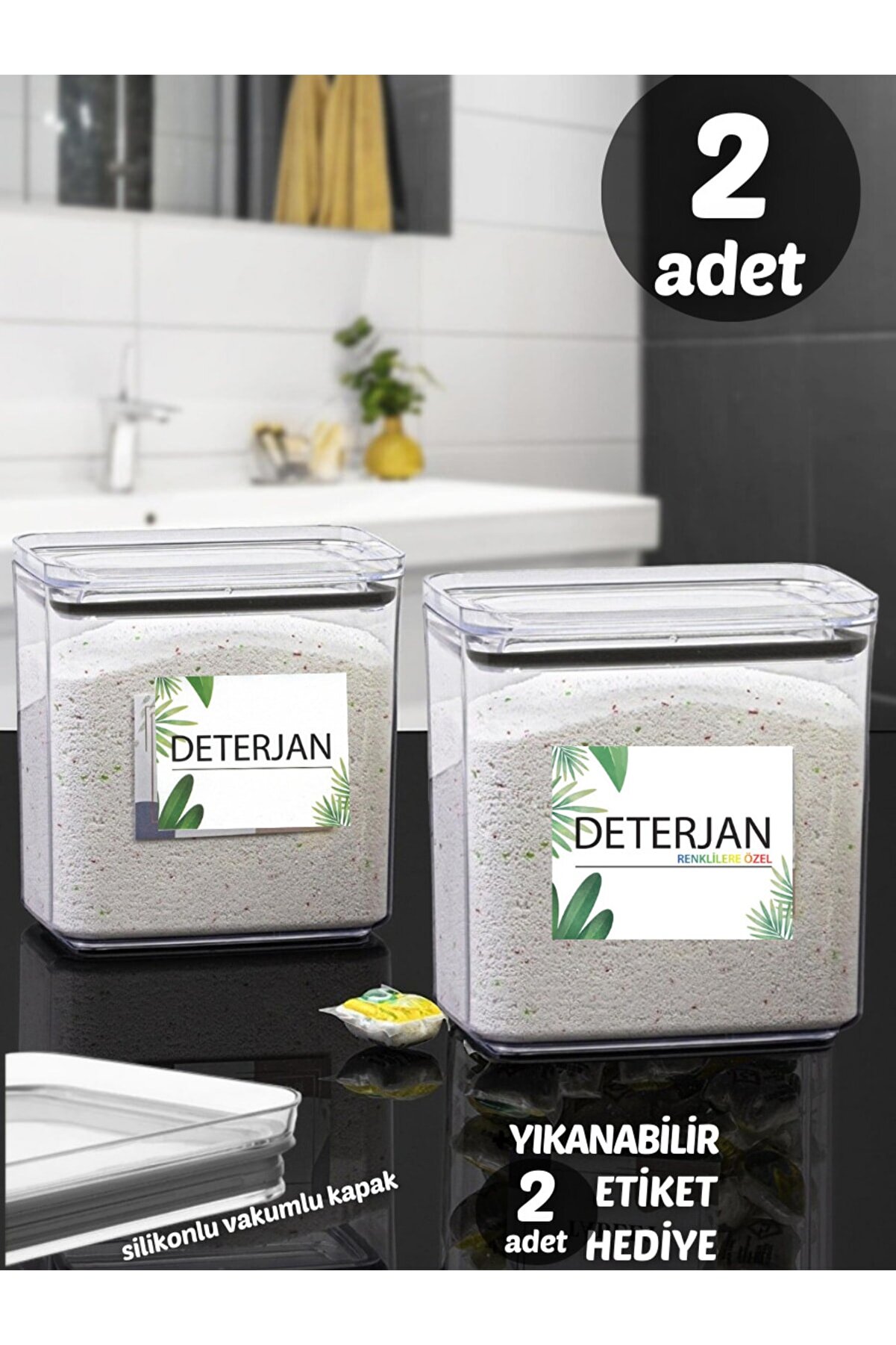 Renkli Deterjan &amp; Deterjan Dikdörtgen 2,2 Lt Vakum Kapaklı 2&#39;li Set Saklama Kutusu