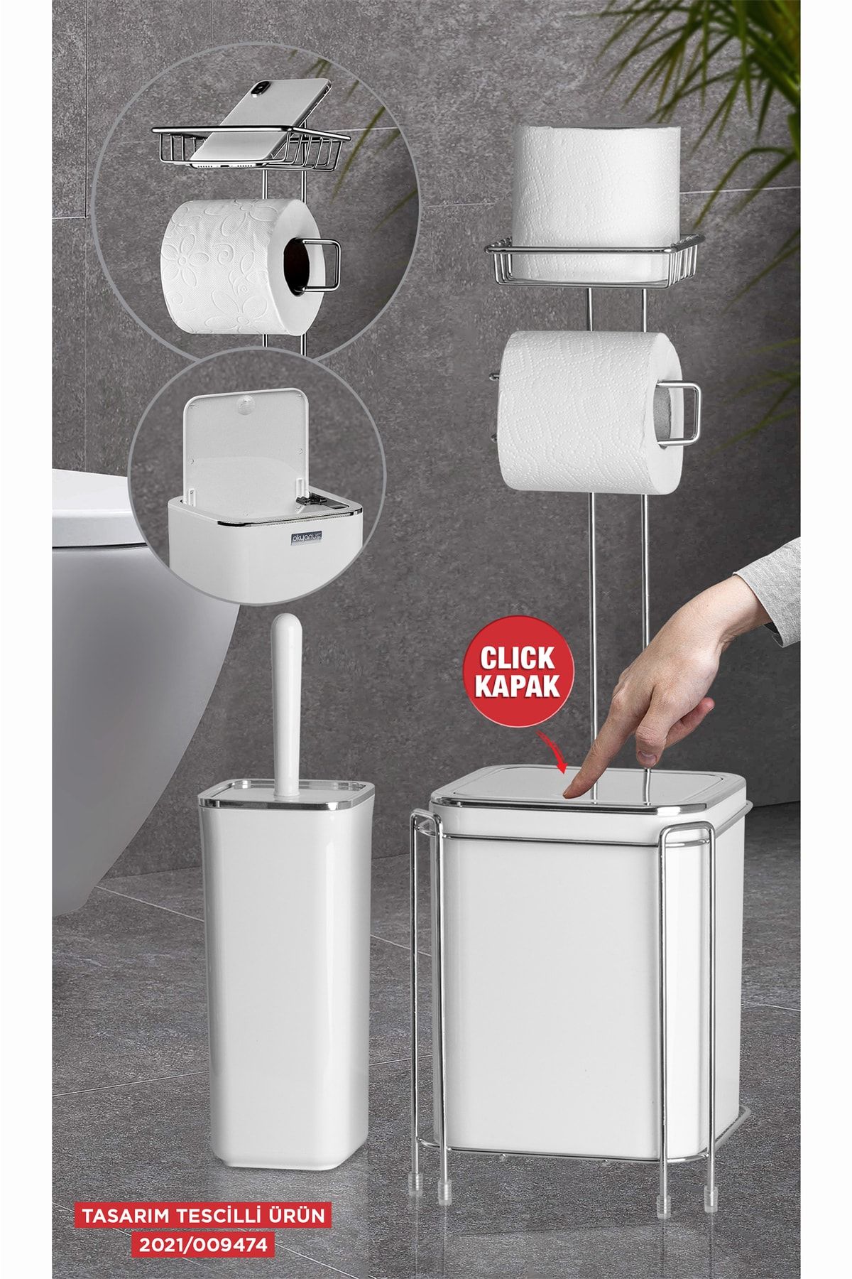 Krom Yedekli Wc Kağıtlık - Beyaz Çöp Kovası Ve Wc Fırça Seti