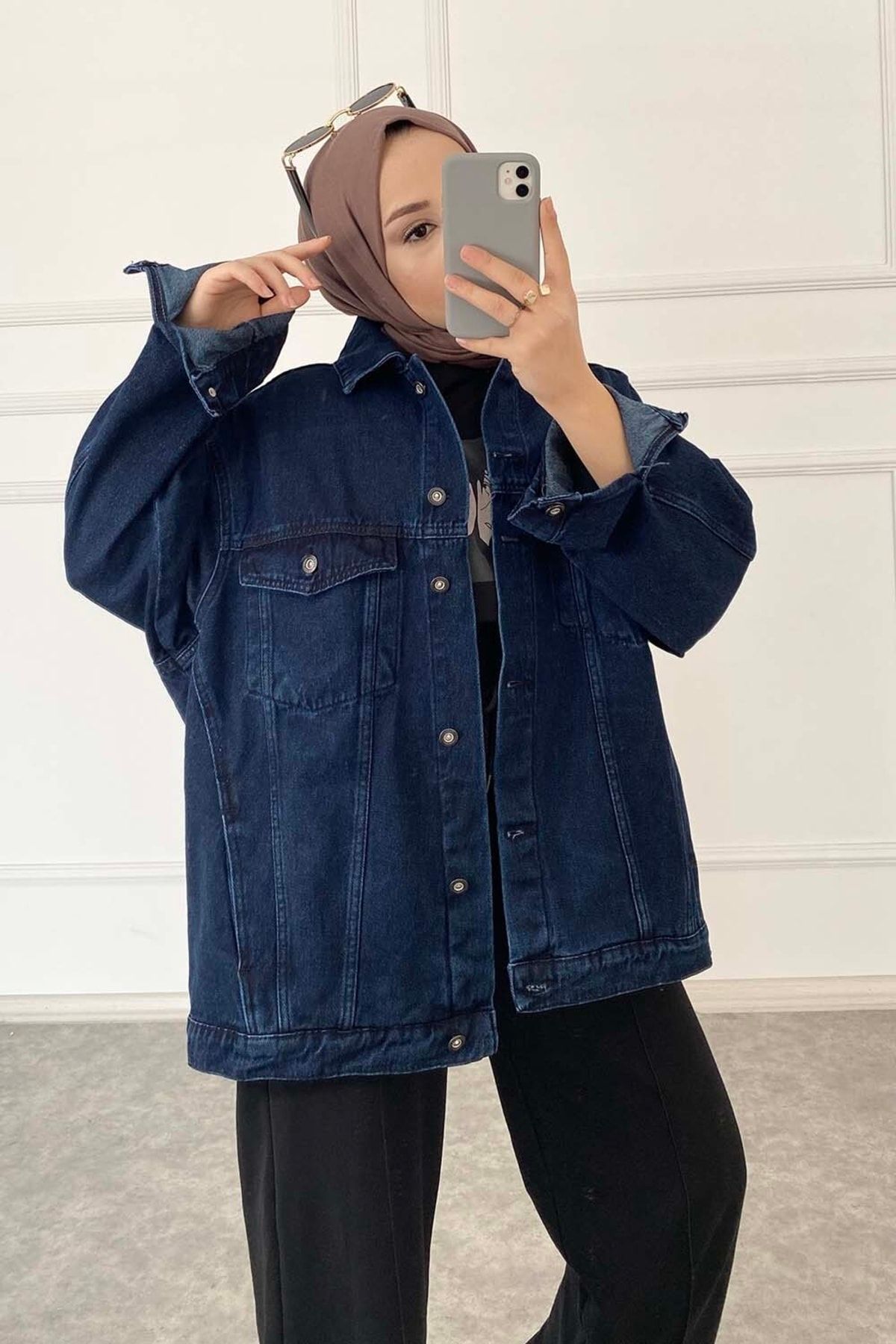 Çift Cepli Oversize Kot Ceket Koyu Mavi