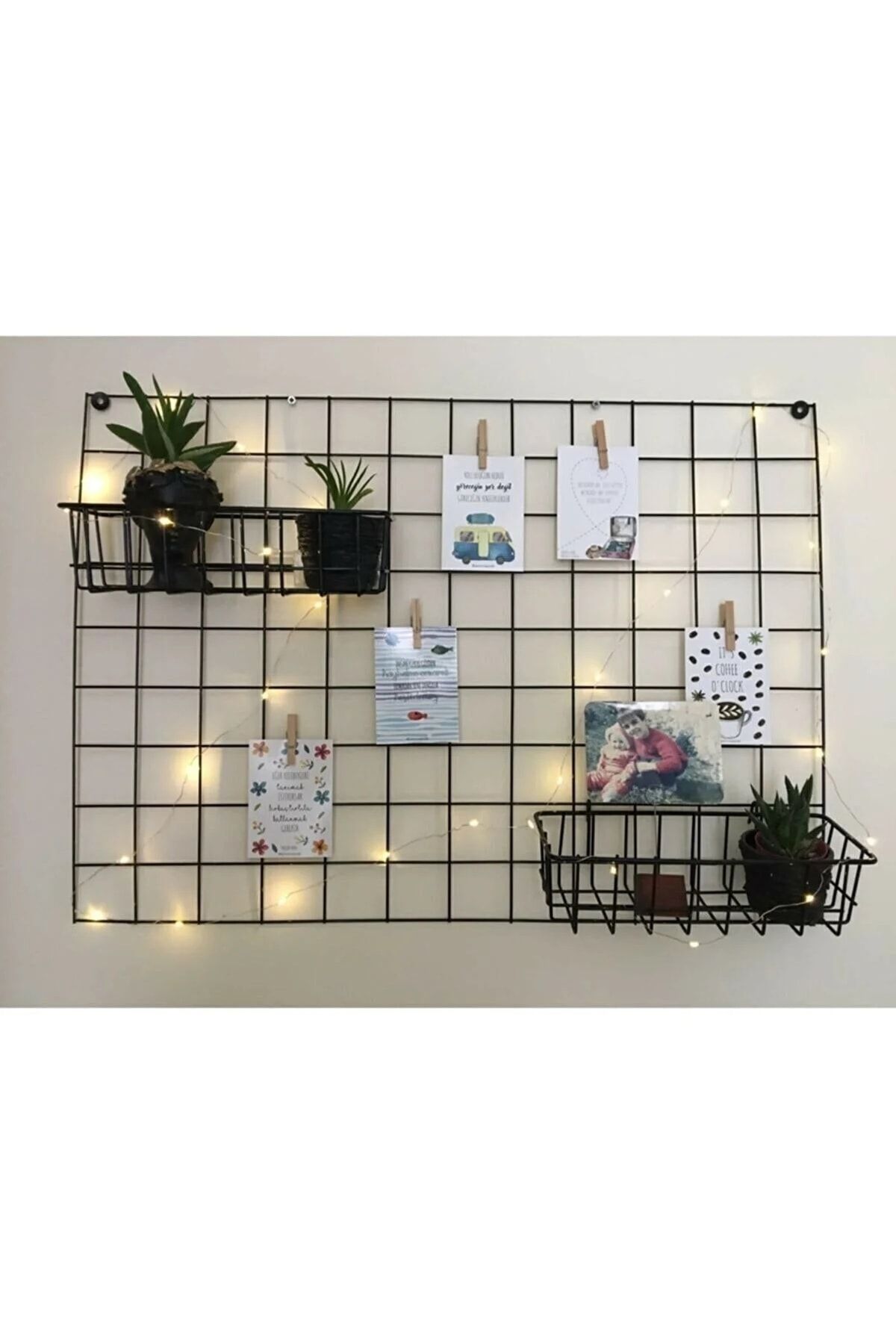 Tel Pano Notluk Fotoğraf Askılığı Tel Askılık Notluk + 3m Led + Metal Pano Sepetli