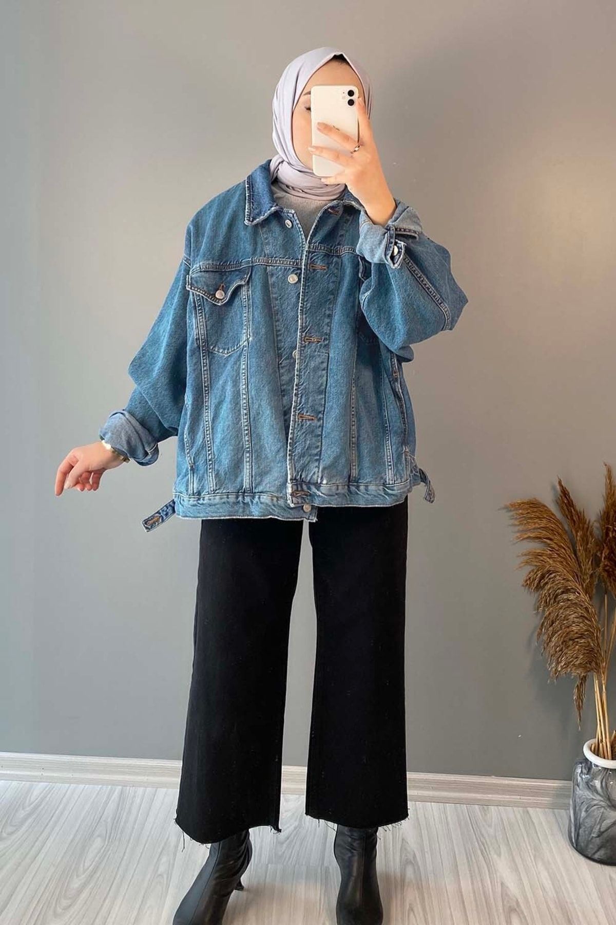 Çift Cepli Oversize Kot Ceket Açık Mavi