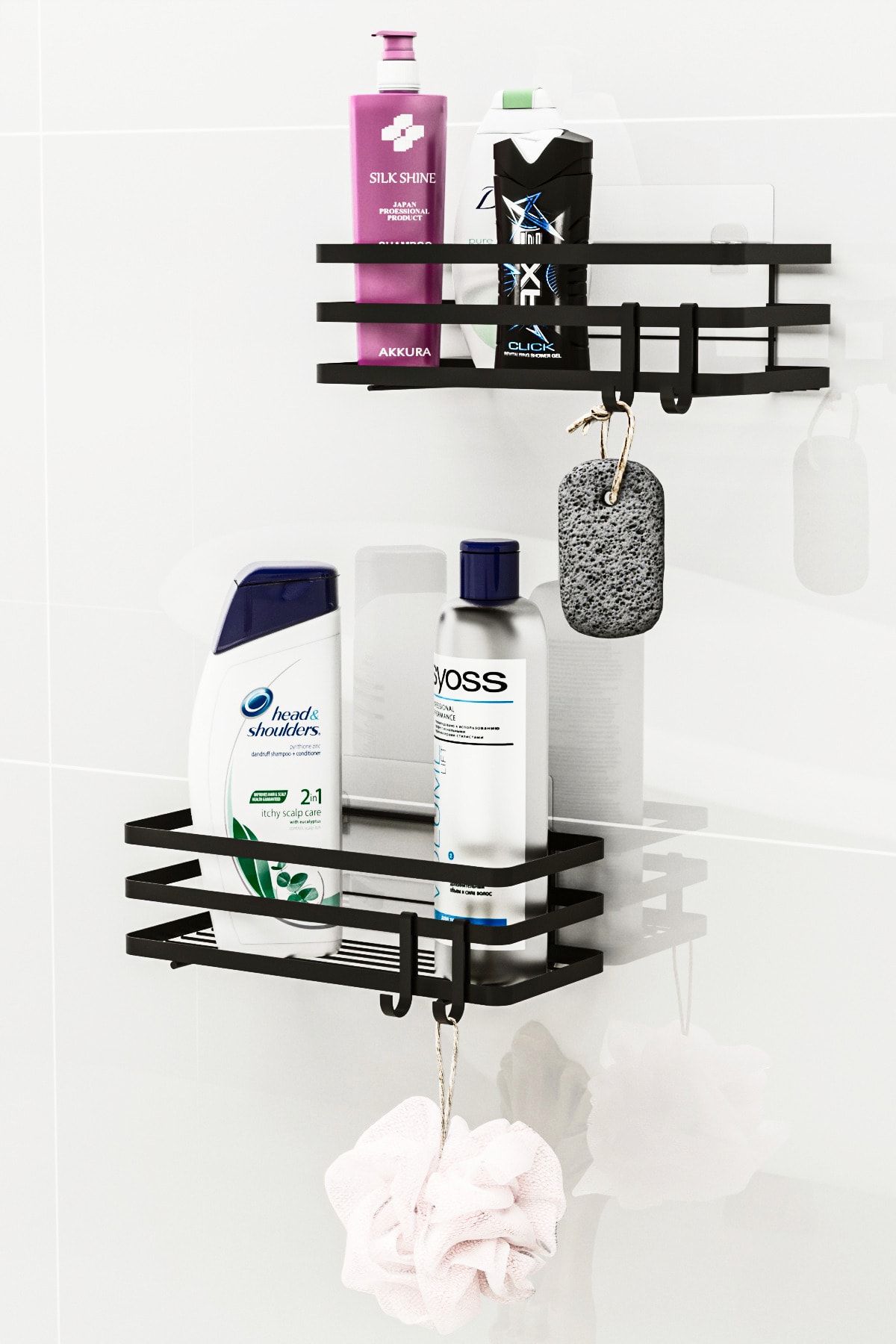 Banyo Düzenleyici Şampuanlık Sabunluk 2 Li Set Lamalı Yapışkanlı 4 Askılı Duş Rafı Organizer