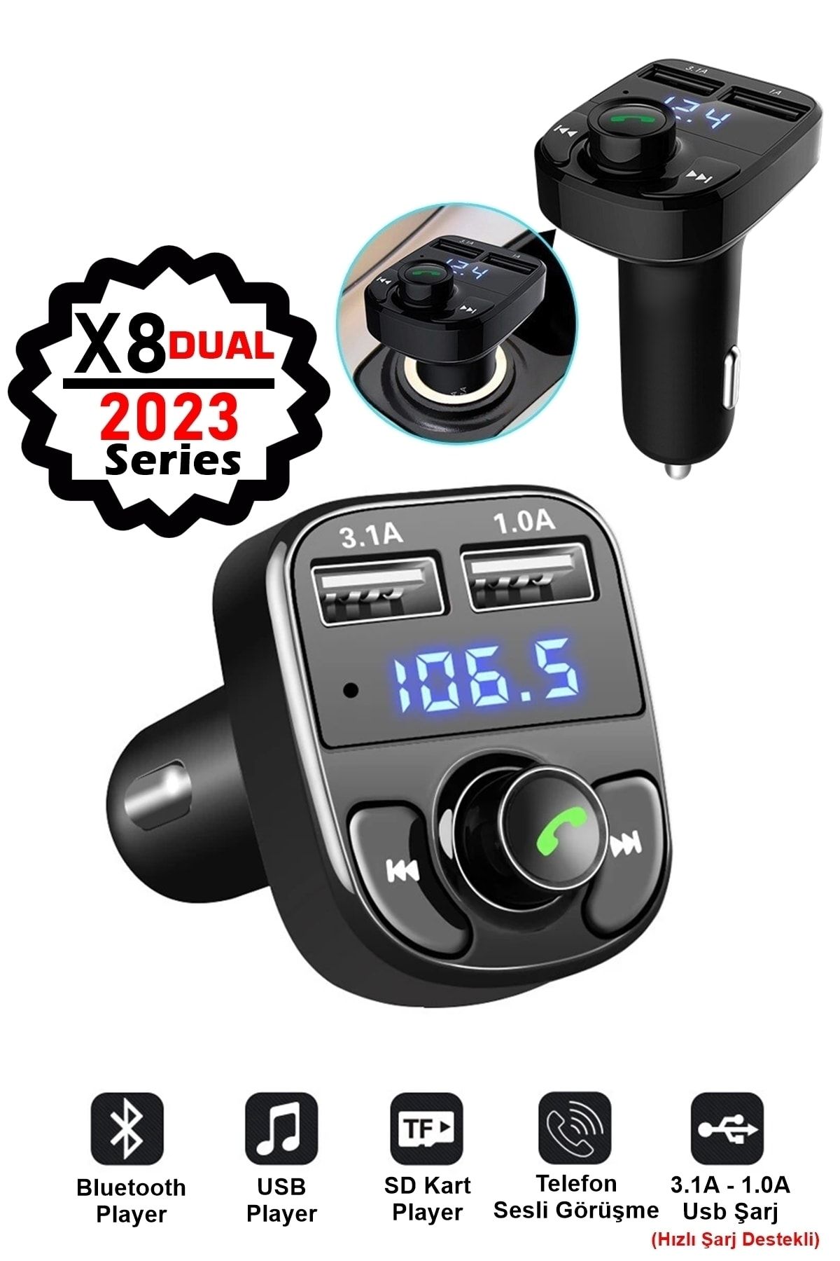 Pro X8 Araç Fm Transmitter 5.0 Bluetooth Araç Kiti Usb Mp3 Sd Kart Çakmaklık Girişli Araba Oto Teyp