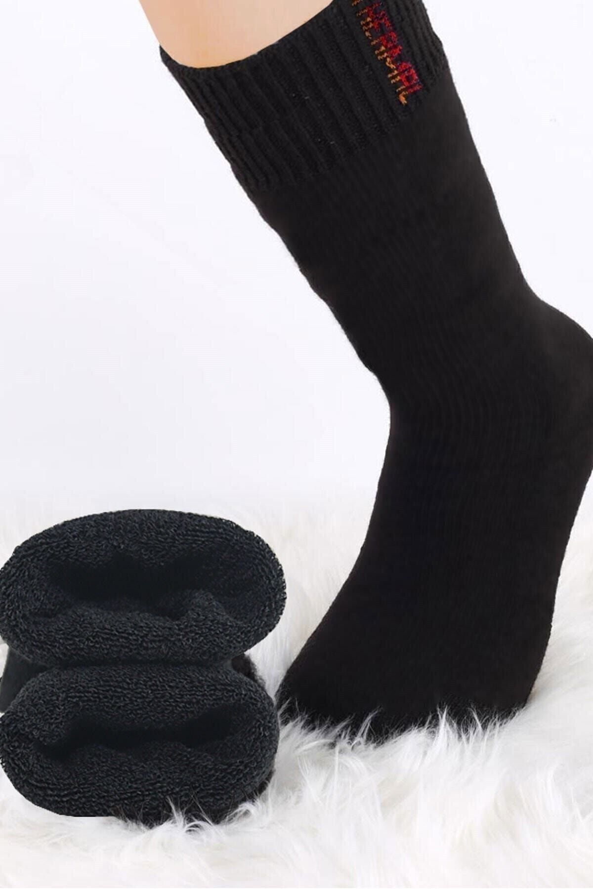 6 Çift Siyah Unisex Termal Havlu Kışlık Çorap