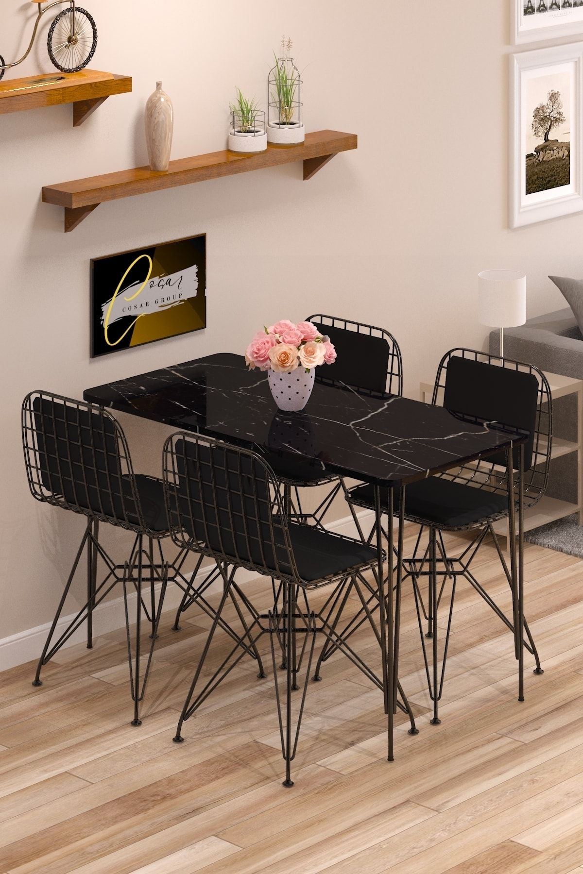 Yemek Masa Takımı Mutfak Masası Sırt Minderli 4 Adet Tel Sandalye 1 Adet Masa 60x120 Siyah