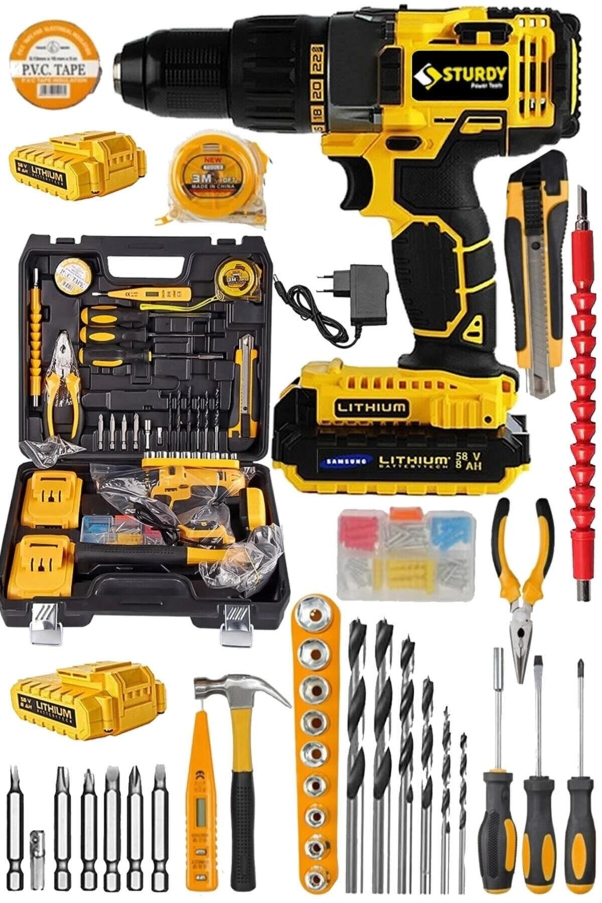 100 Parça Set Matkap 256 Vf 1,2ah Darbeli Lion-çift Akülü Metal Şanzuman Turbo Şarjlı Matkap