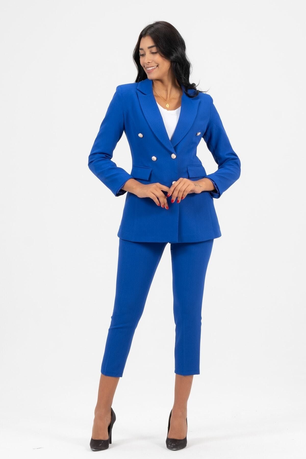 Kadın Blazer Ceket Kemerli Cepli Boru Paça Pantolon Takım