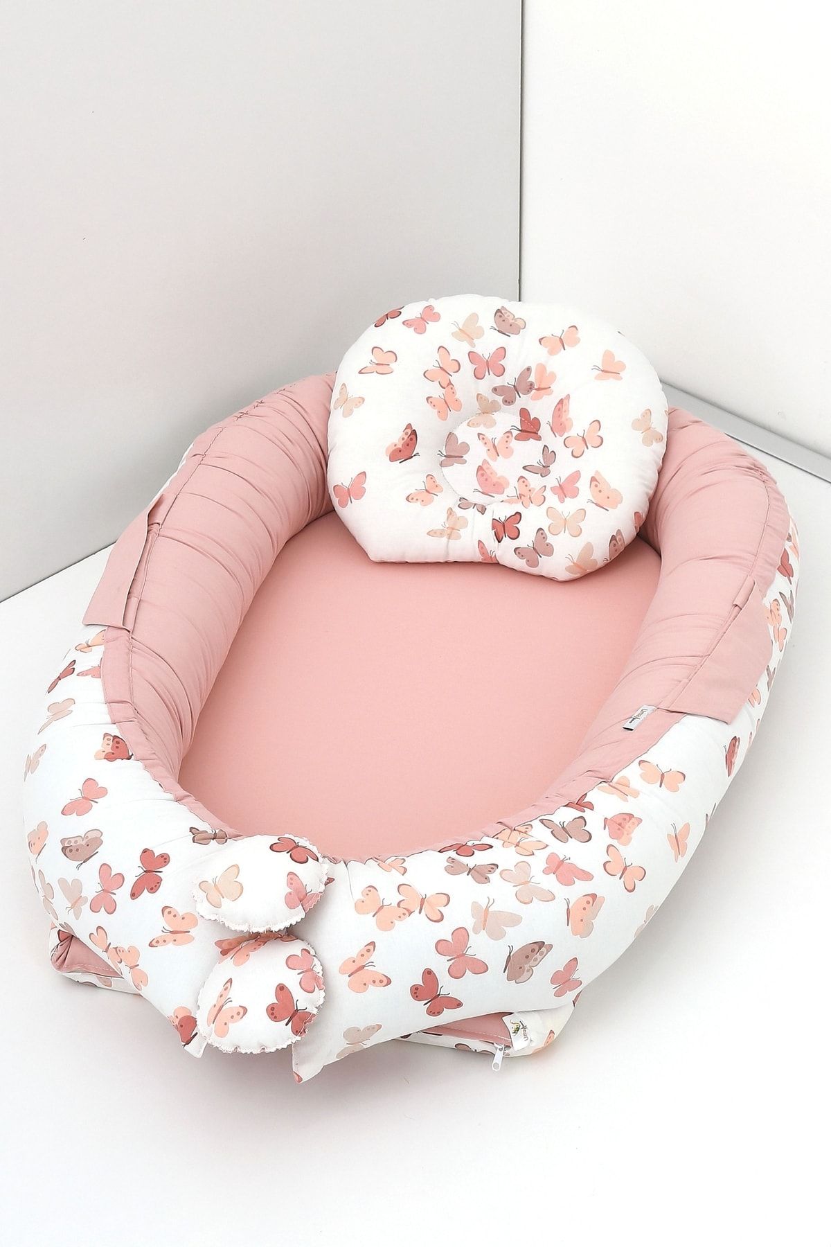 Babynest, Bebek Uyku Yatağı 0-2 Yaş - %100 Pamuk - Pudra Kelebek
