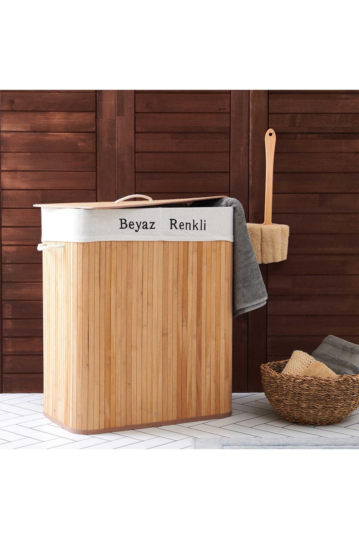 Evidea Deco&style Bambu Natürel Çift Hazneli Çamaşır Sepeti