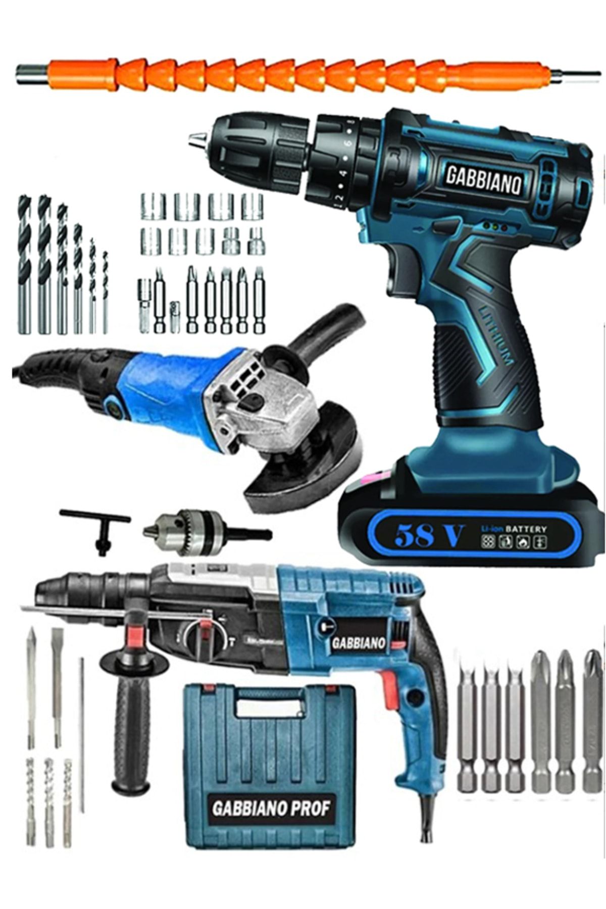 3 Makine Seti 58v Darbeli Şarjlı Matkap 4100w Kırıcı Delici 2900w Avuç Taşlama