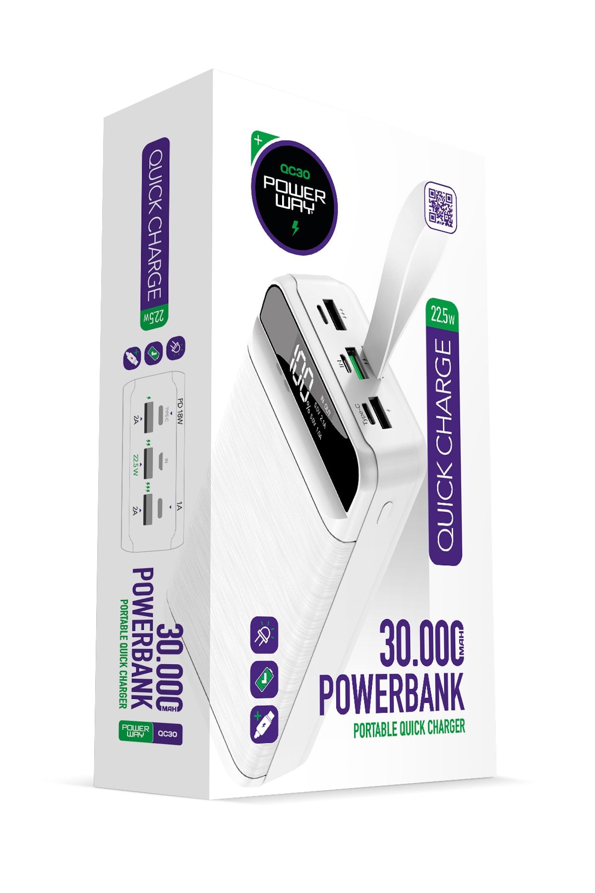 30.000 mAh PD 22.5 W Hızlı Şarj Gerçek 30.000 mAh Garantili Led Fener Dijital QC30 Beyaz Powerbank