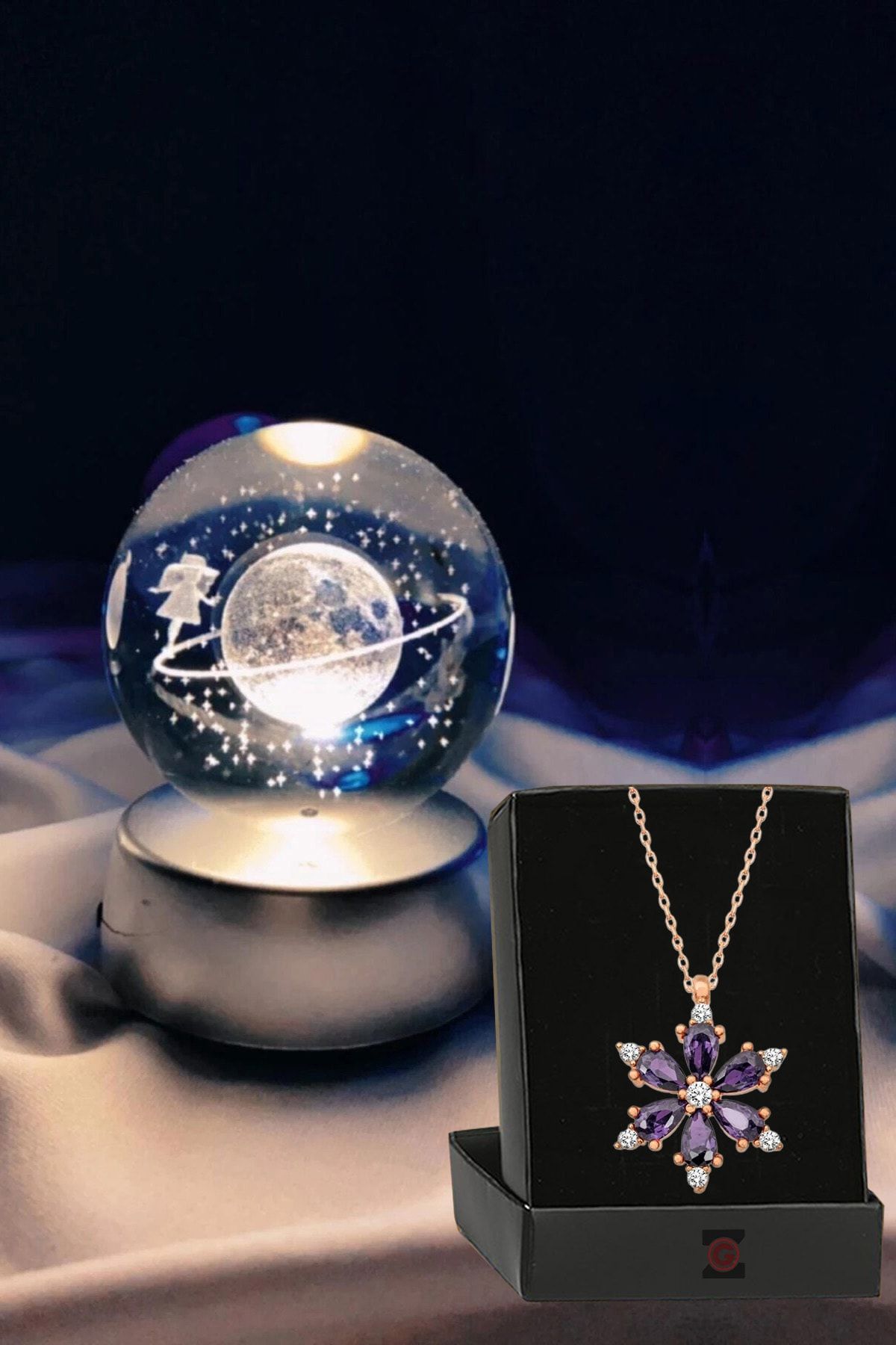 Renk Değiştiren Led Işıklı Cam Satürn Kız Küre Dolunay Lamba Kristal Top Lotus Kamelya Çiçeği Kolye