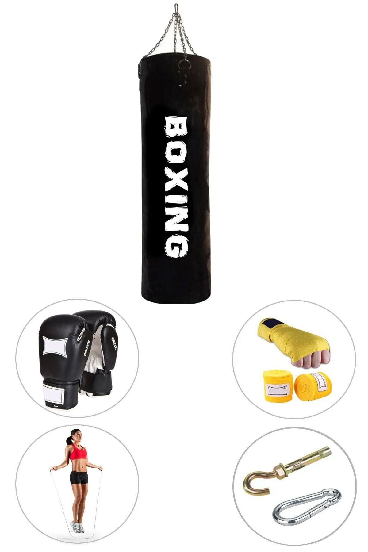100 Cm X 30 Cm Siyah Boks Torbası + Eldiven + Bandaj + Atlama Ipi + Askı Aparatı - 5' Li Set - Dolu