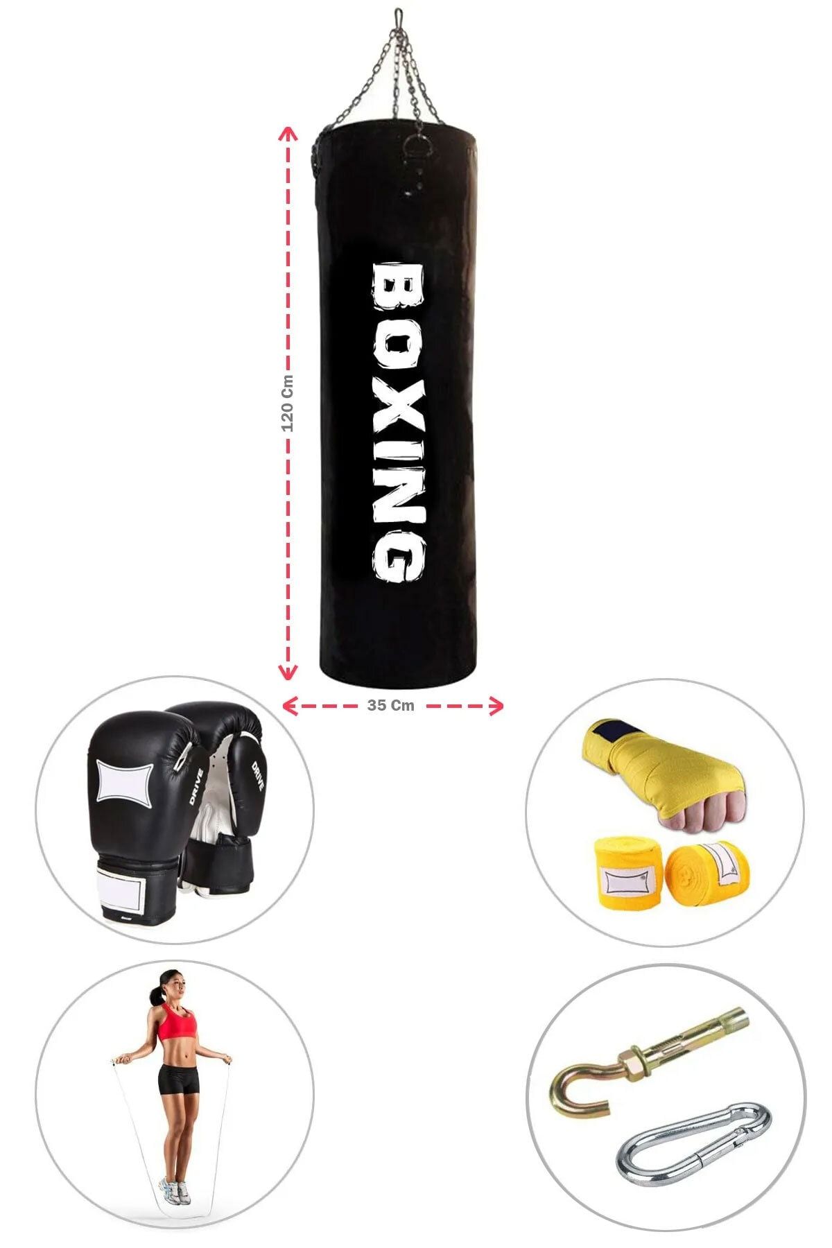 120 cm X 35 cm Siyah Boks Torbası + Eldiven + Bandaj + Atlama Ipi + Askı Aparatı - 5' Li Set - Dolu