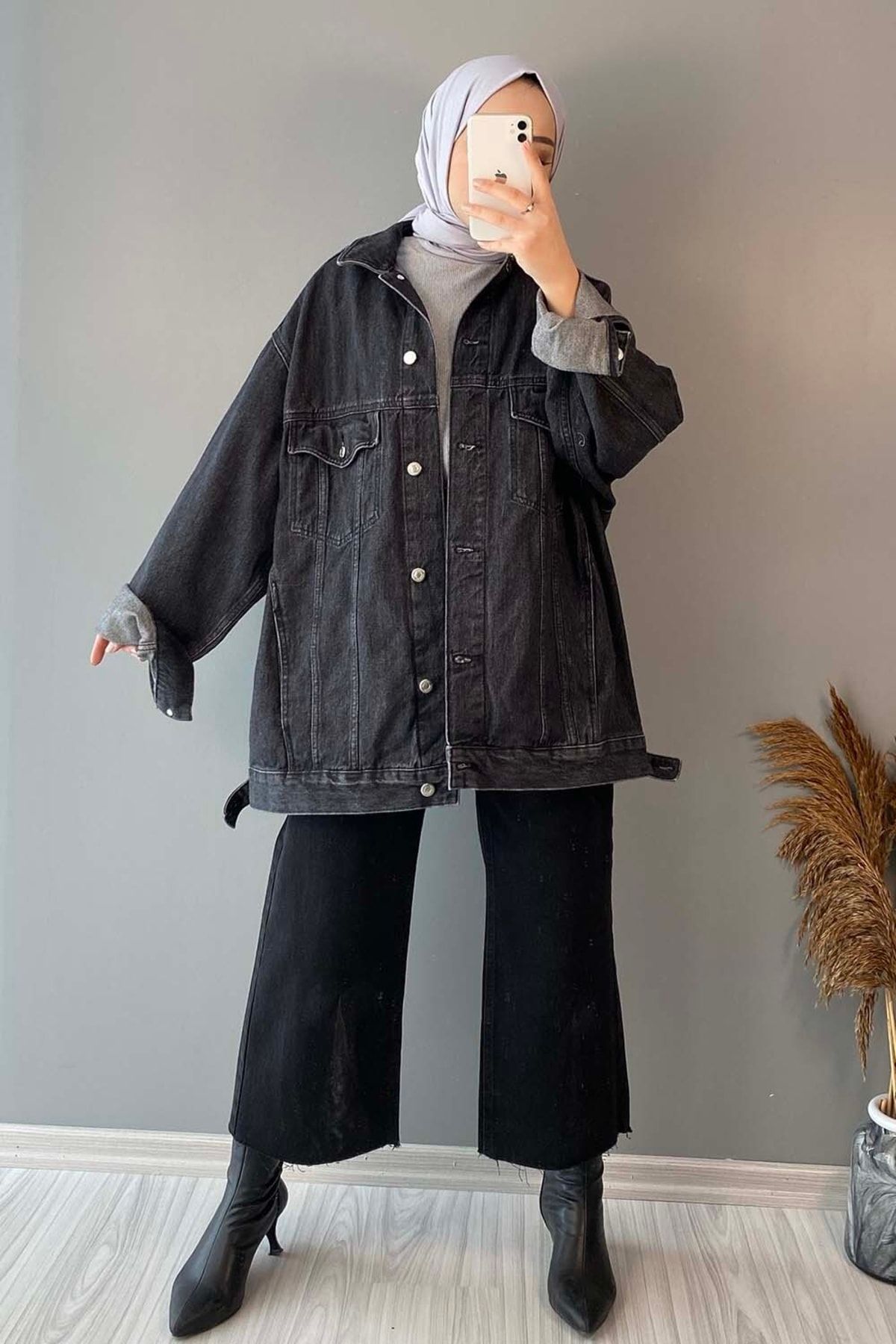 Çift Cepli Oversize Kot Ceket Siyah