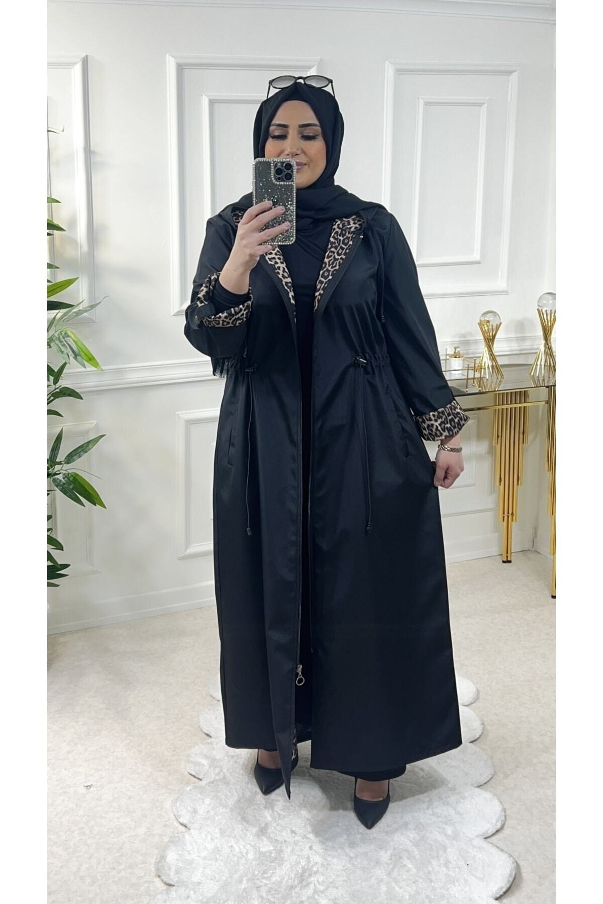 Büyük Beden Setenay Tam Boy Içi Leoparlı Duble Kol Trenç - Siyah