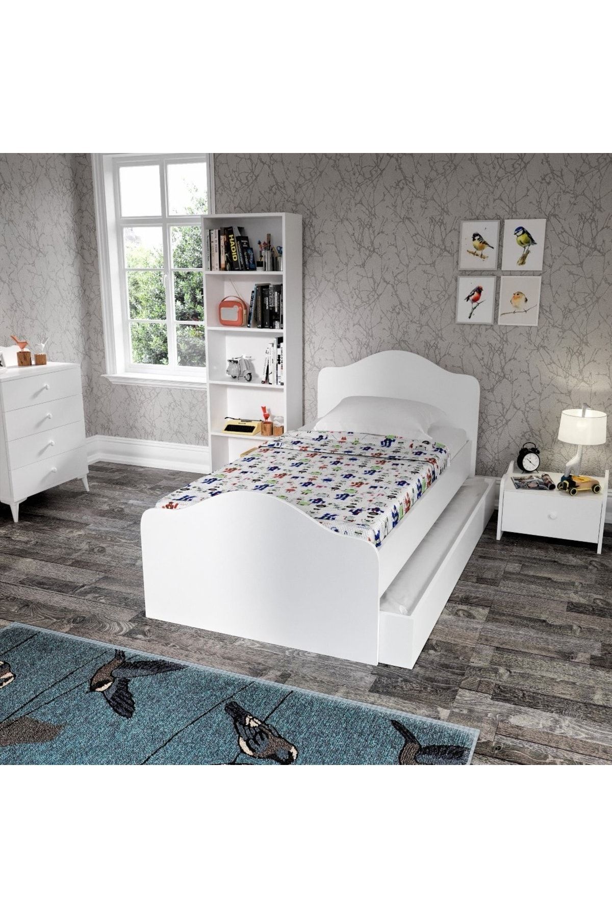 Kanguru Yavrulu Karyola 90x190cm Tekerlekli Yavru Yatak- Metal L Demir Destekli Beyaz %100 Mdf