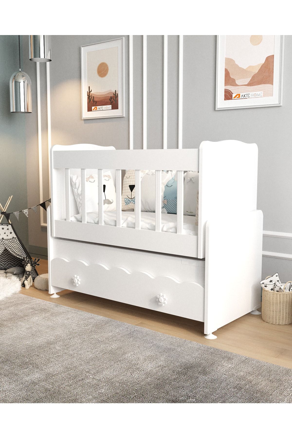 Çekmeceli Sallanır Anne Yanı Ahşap Bebek Beşiği Beyaz