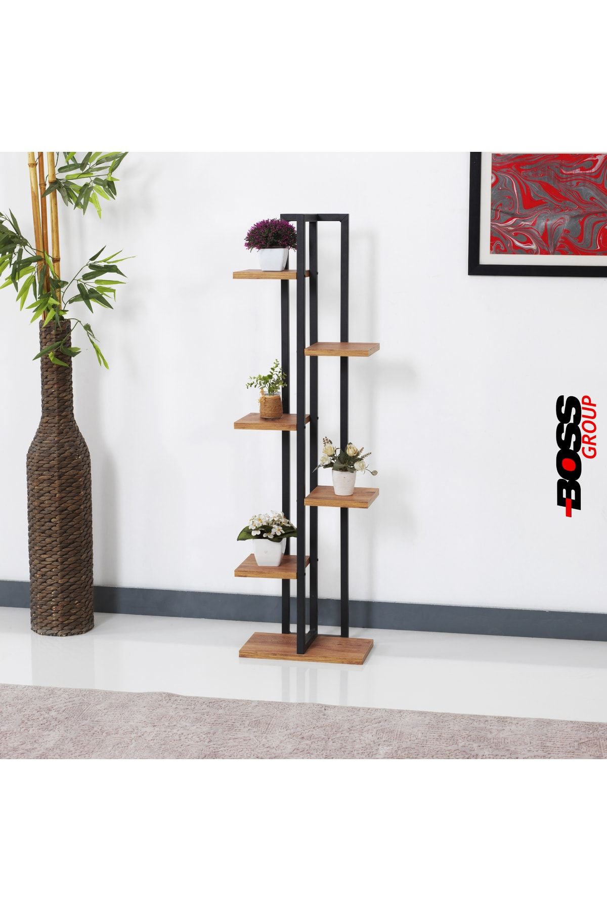 Çiçeklik 6 Bölmeli Raf Metal Çerçeveli Sağlam Ahşap Siyah
