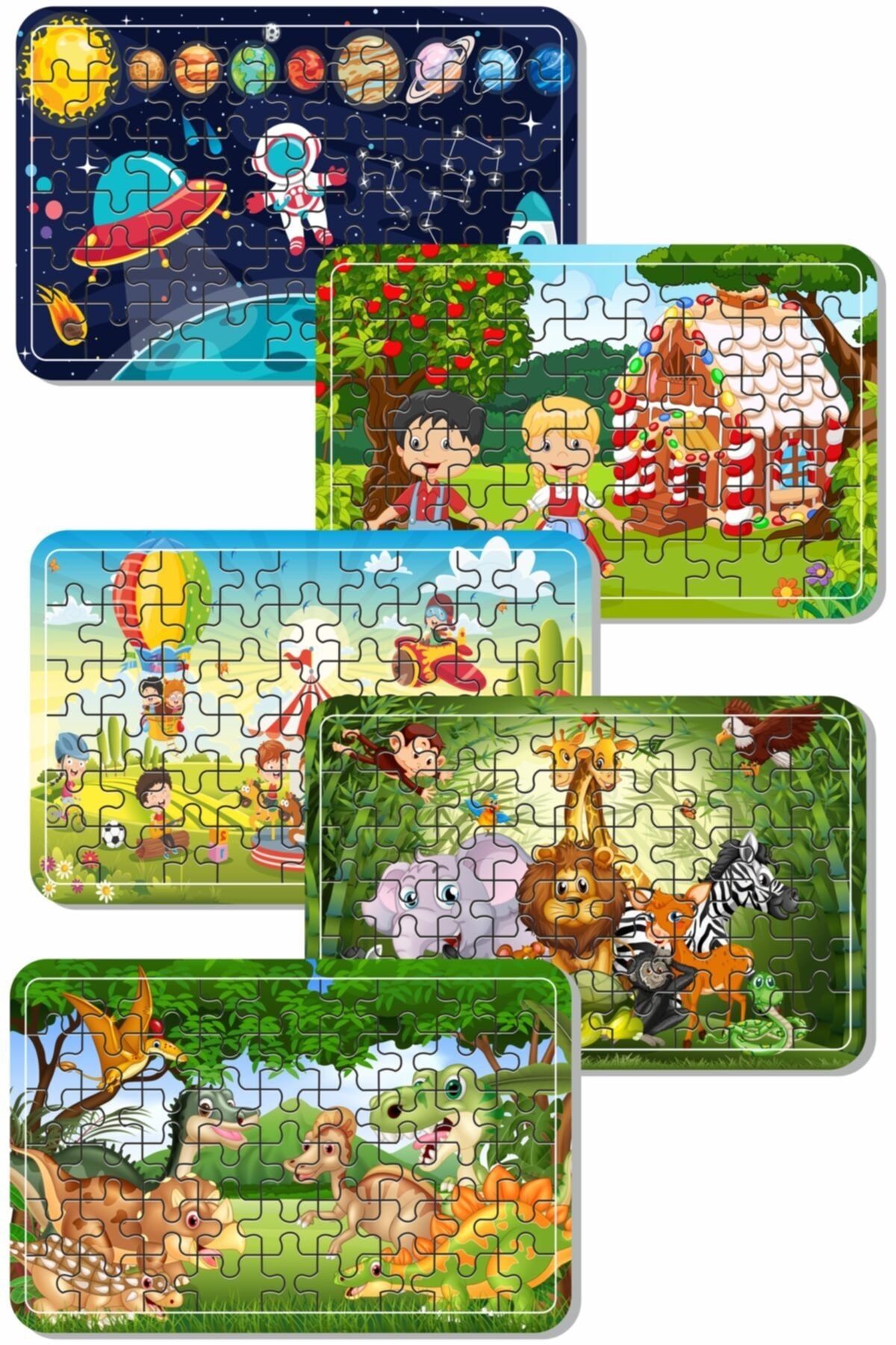 Uzay, Dinazor, Oyun, Hayvanlar 54 Parça Ahşap Puzzle Yapboz 5'li Set