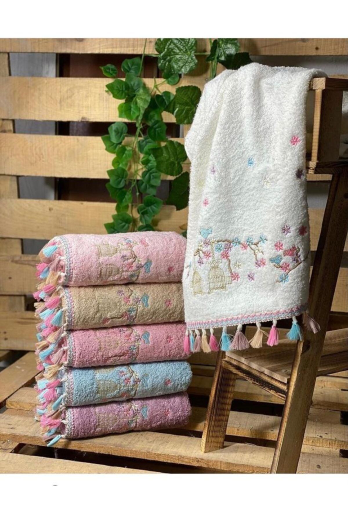 Pamuklu Flora Kafes Nakışlı Püsküllü 6 Lı 30x50 Mutfak Havlu Seti