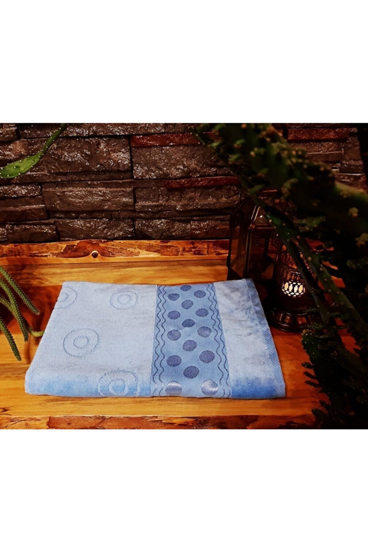 Mavi Jakarlı Kadife Banyo Plaj Havlusu %100 Pamuk 70x140 Cm