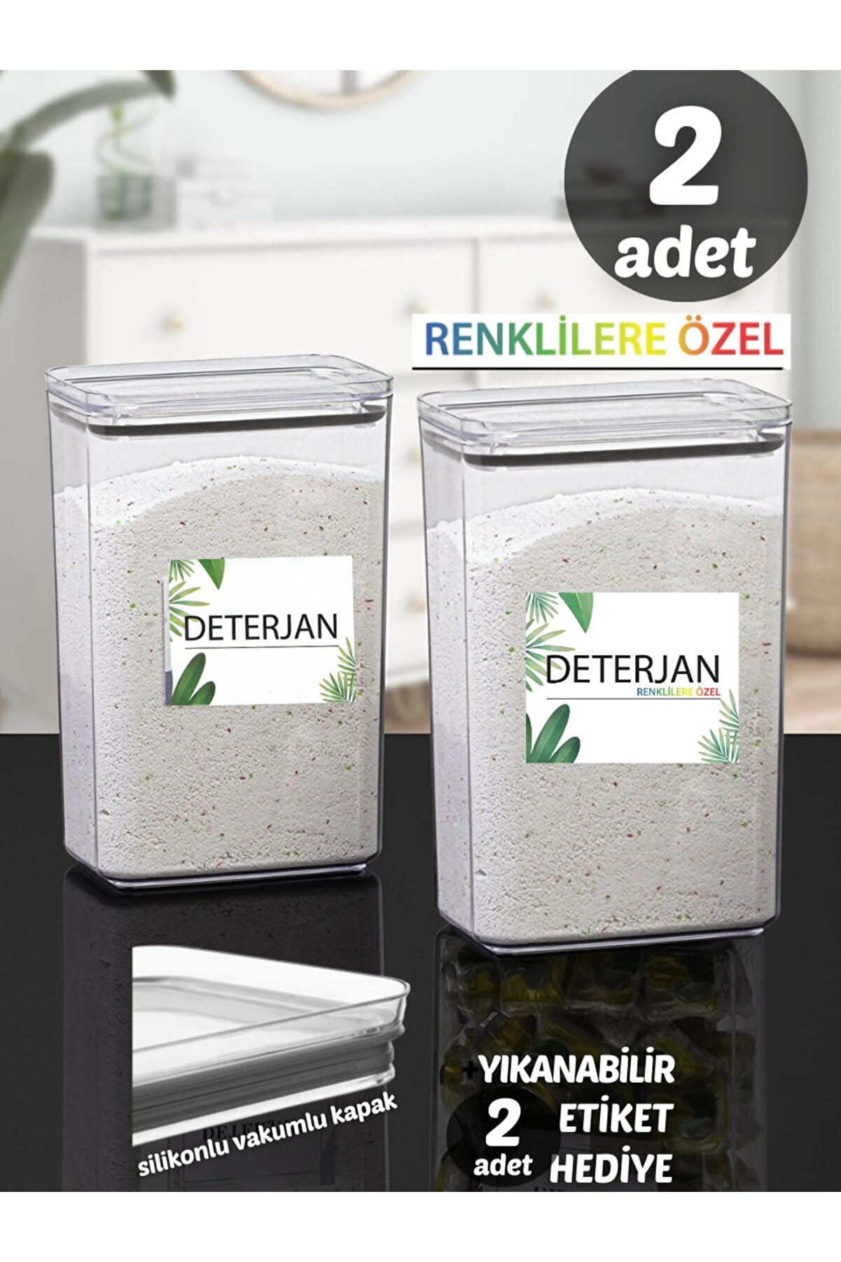 Renkli Deterjan &amp; Deterjan Dikdörtgen 2,9 Lt Vakum Kapaklı 2&#39;li Set Saklama Kutusu