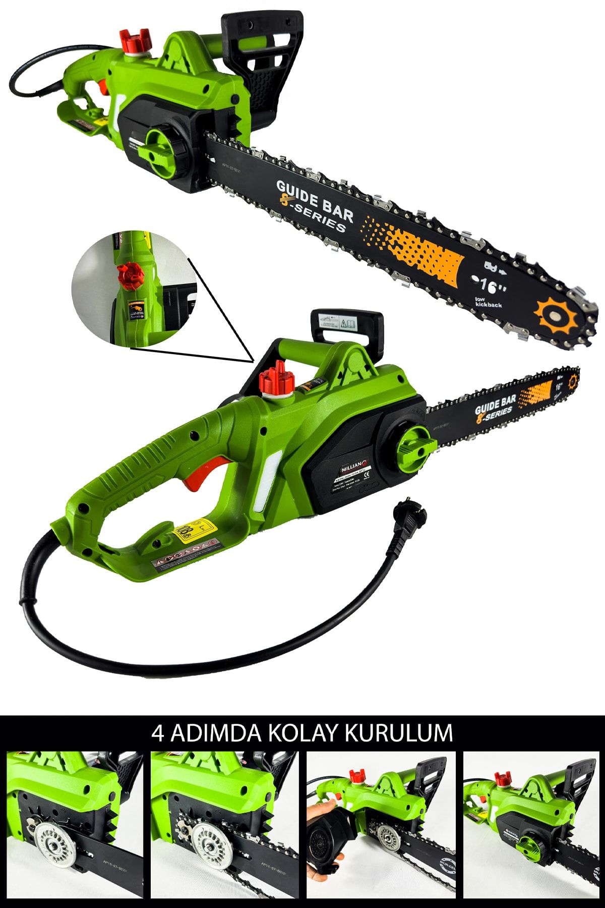Profesyonel 4200 W Elektrikli Hızar Ağaç Odun Kesme Budama Bıçkı Testeresi Zincirli 40 Cm Pala Green