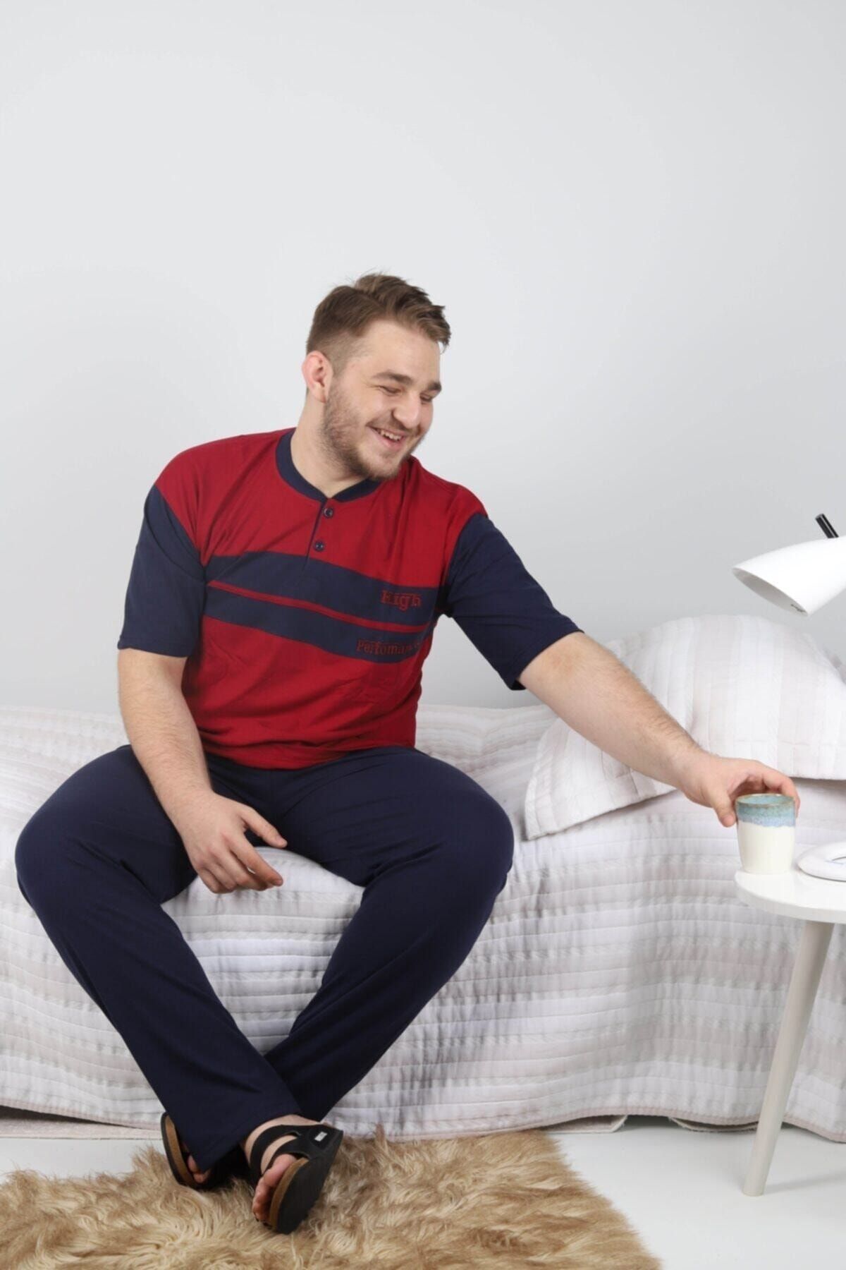 Erkek Bordo Kısa Kollu Süprem Büyük Beden Pijama Takım