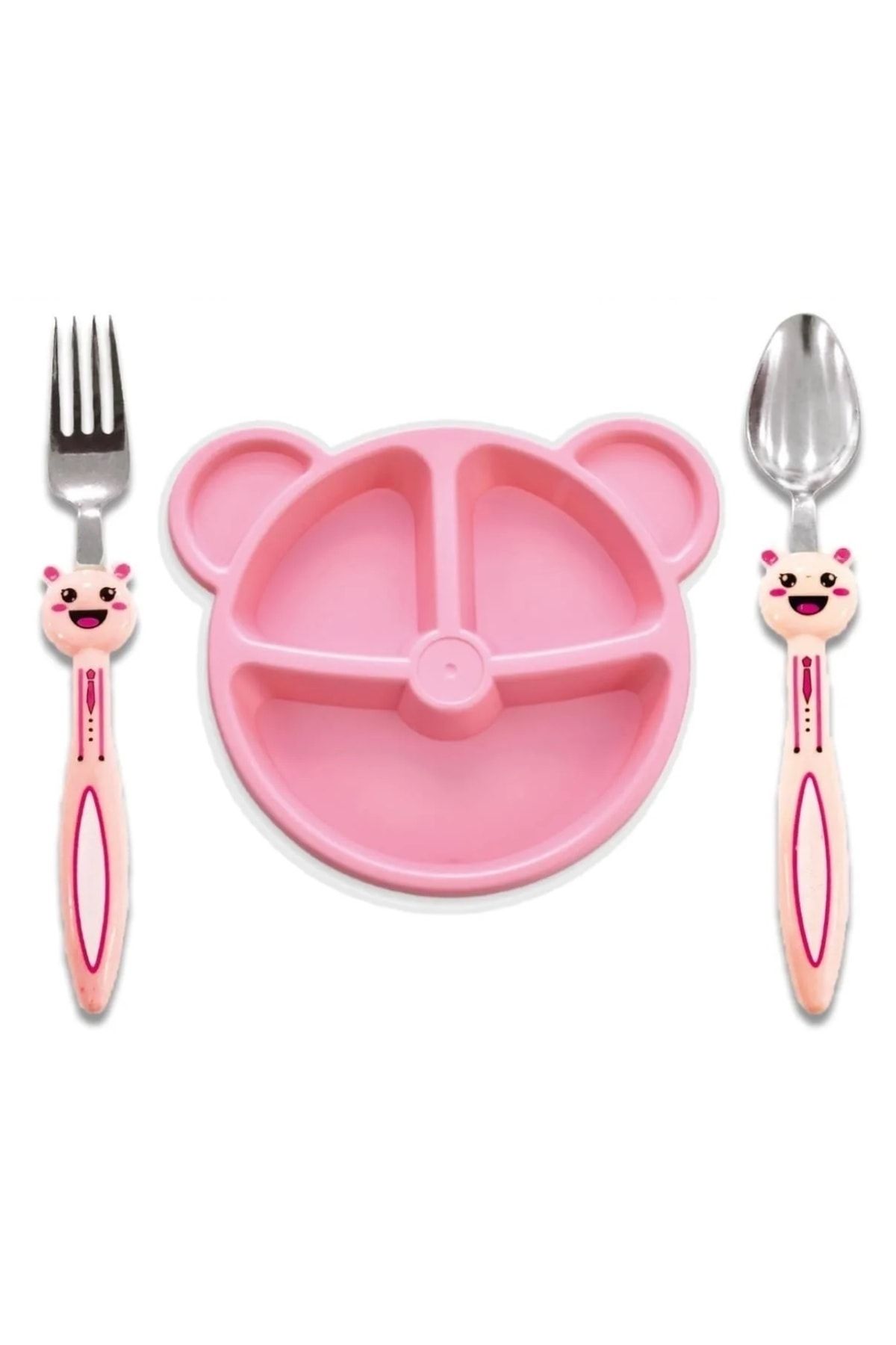 Baby 3 Parça Tavşan Figürlü Çocuk Çatal Kaşık Ve Mama Tabağı Seti (pembe )
