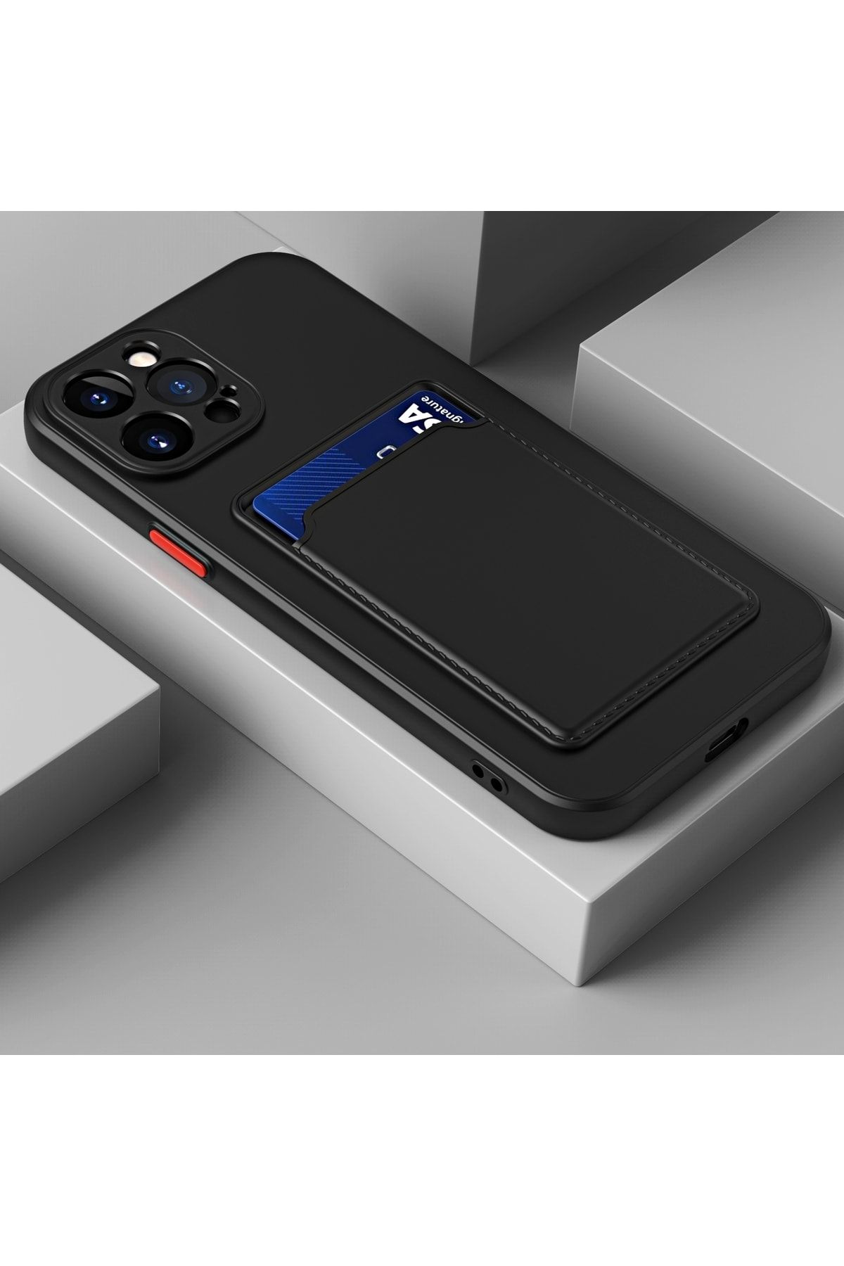 Iphone 14 Pro Max Uyumlu Kılıf Kamera Korumalı Kartlıklı Cüzdanlı Kırmızı Tuşlu Siyah Silikon Kapak