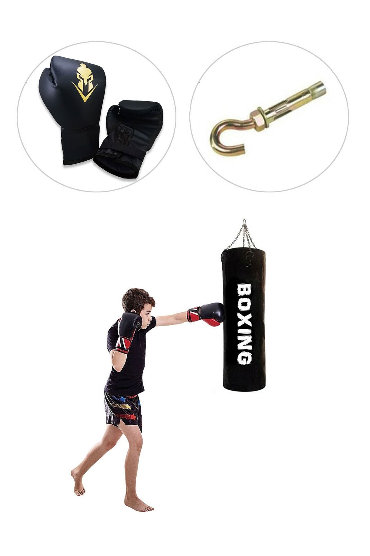 Çocuk Boks Seti 70 Cm X 25 Cm Boks Torbası + Boks Eldiveni + Tavan Kancası - 3' Lü Set