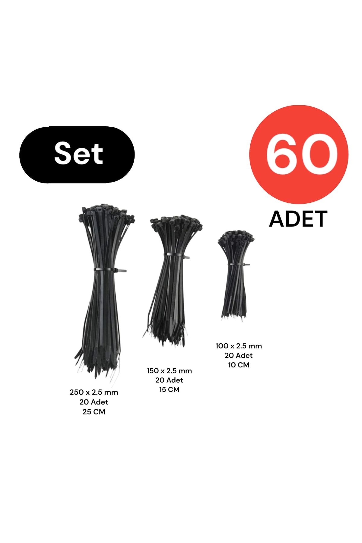 Plastik Kablo Bağı Cırt Kelepçe Set 100-150-250 X 2.5 Mm Siyah (20 X 3) 60 Adet