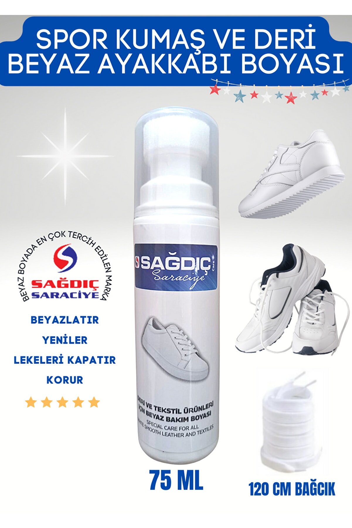 Spor Beyaz Deri Ve Kumaş Ayakkabı Boyası 75 Ml 1 Çift Bağcık