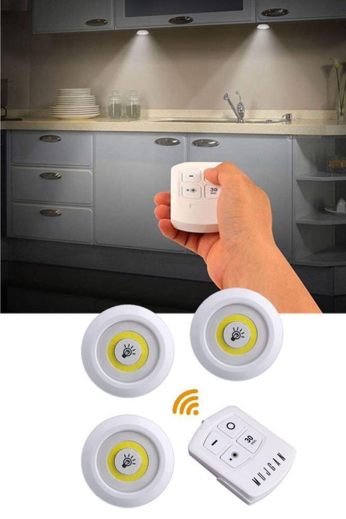 3'lü Uzaktan Kumandalı Yapışkanlı Kablosuz Led Spot Lambalar