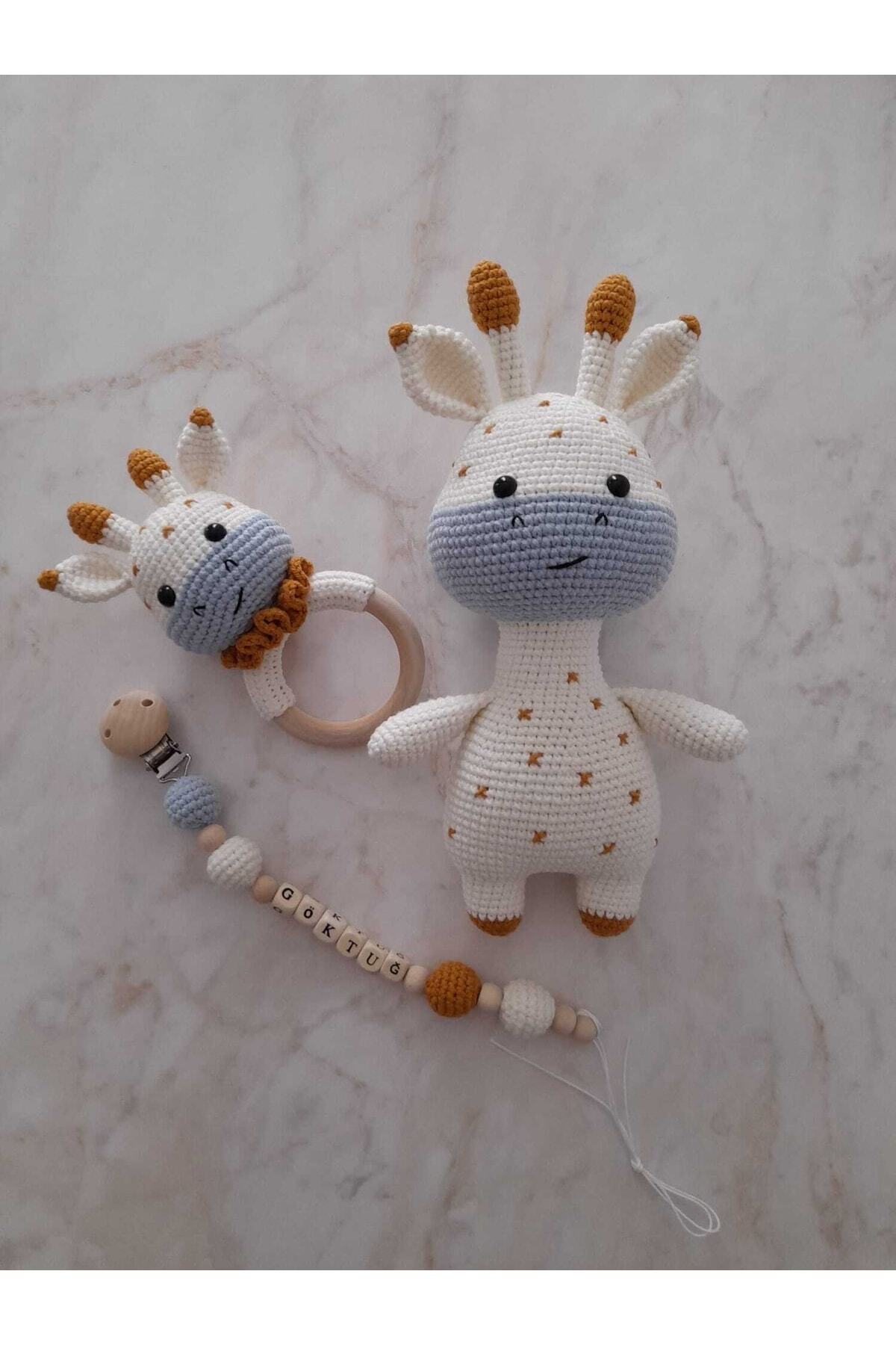 Amigurumi Yenidoğan Tatlı Zürafa Set Emzik Zinciri Çıngırak Uyku Arkadaşı