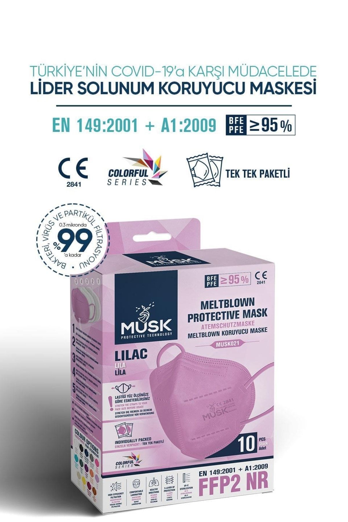 FFP2 Maske Lila Renk 10 Adet