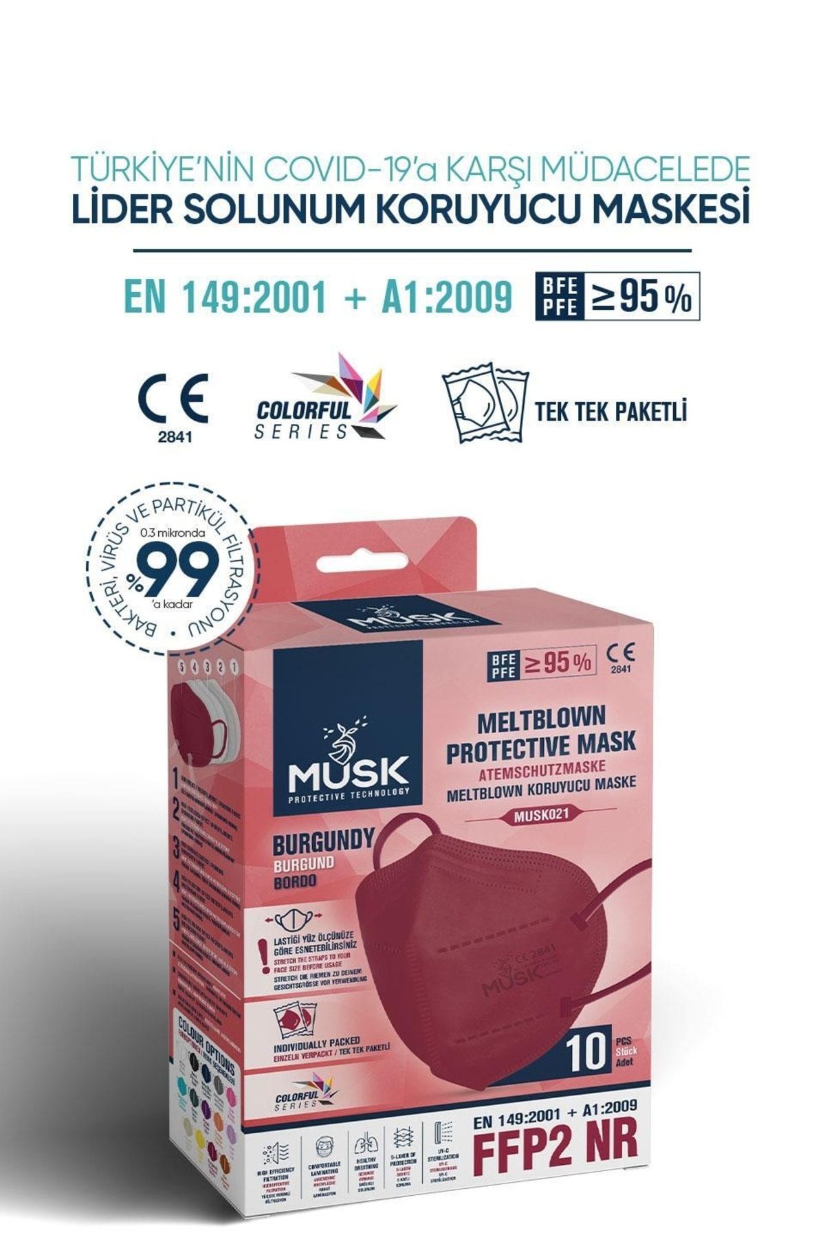 FFP2 Maske Bordo Renk 10 Adet