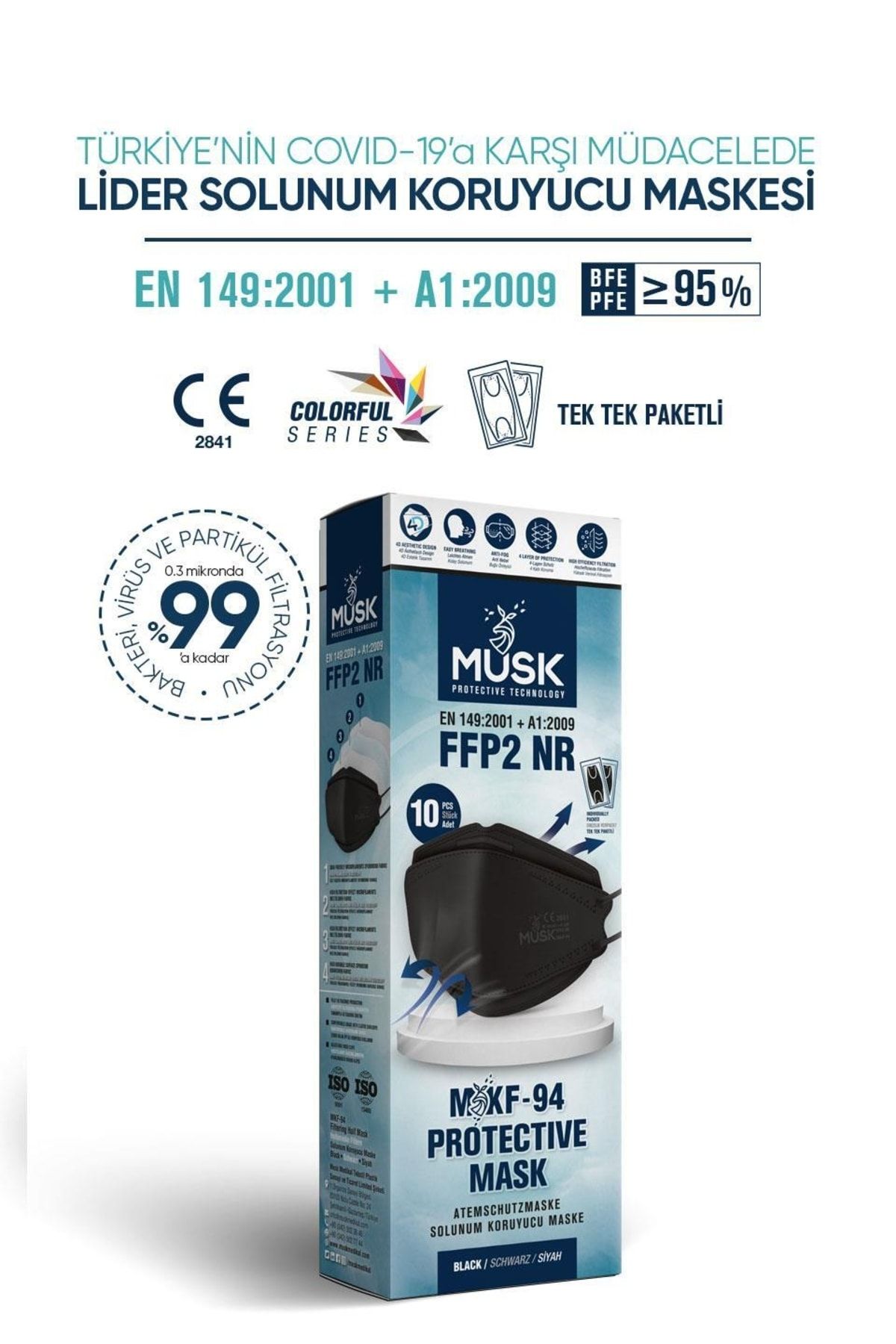 Kf94 Kore Tipi Ffp2 Maske Siyah Renk 10 Adet