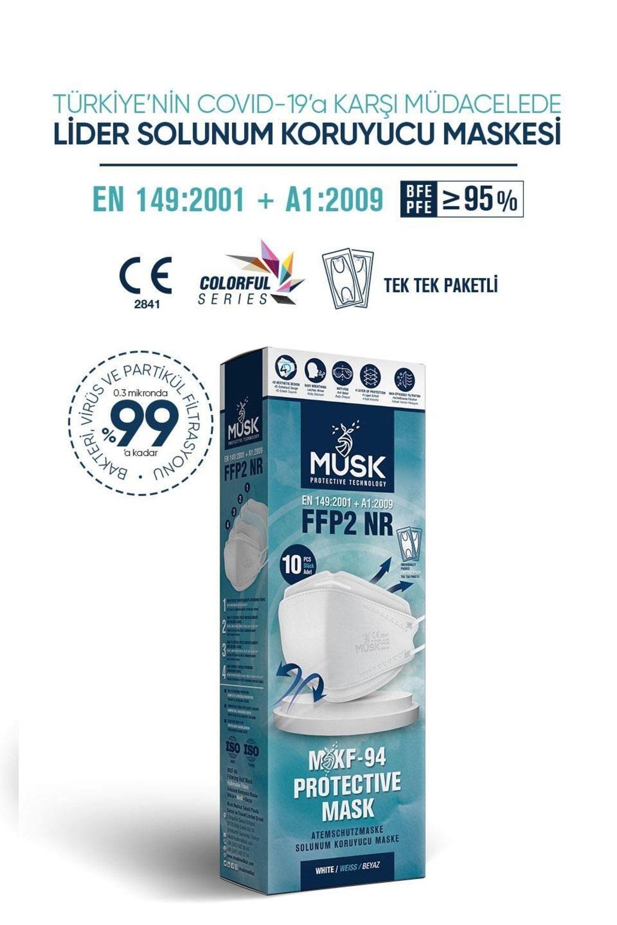 KF94 Kore Tipi FFP2 Maske Beyaz Renk 10 Adet